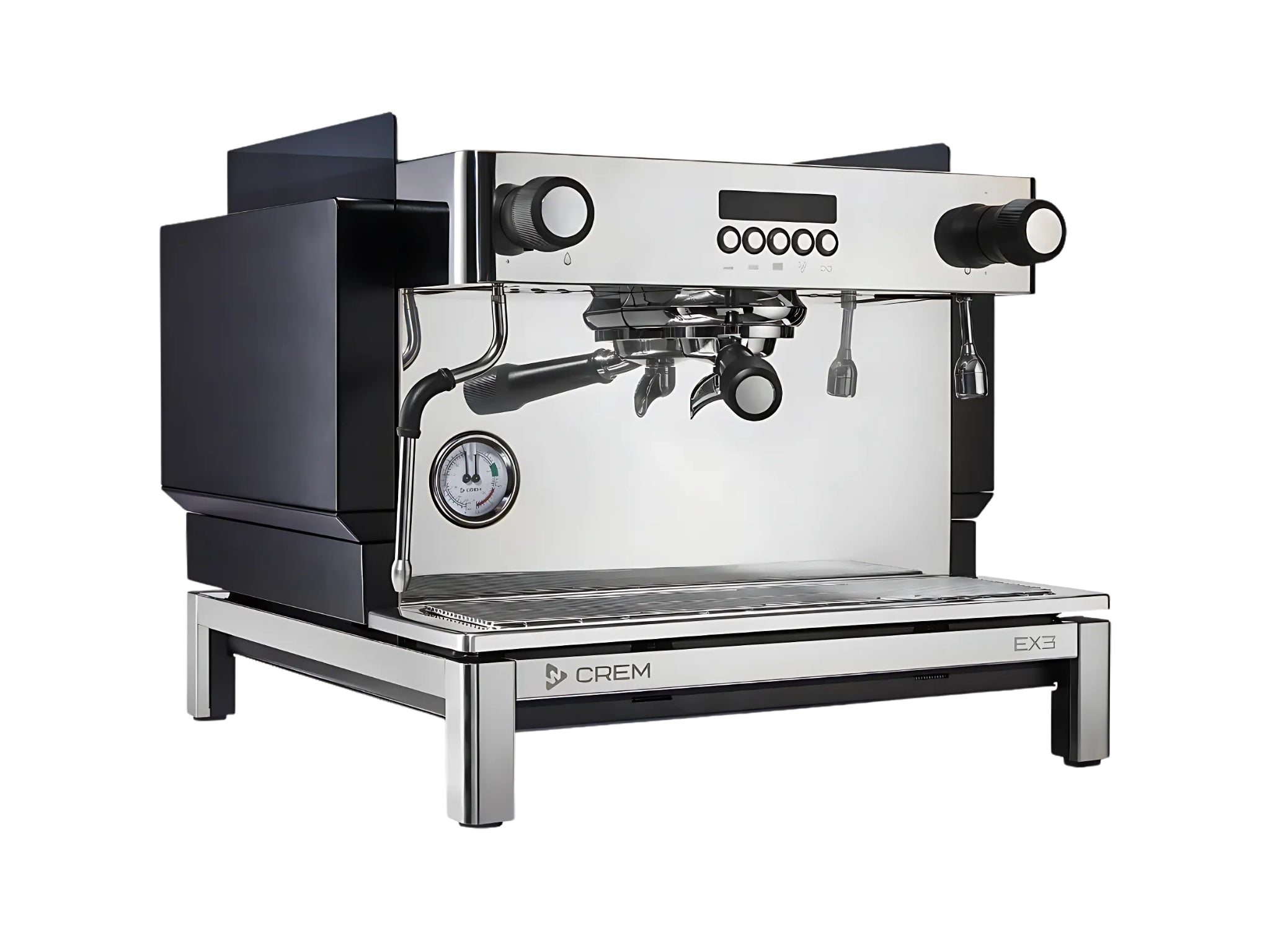 Expobar Crem EX3 Compact 1 Group Coffee Machine Black - New angled view showing the matte black body, high cup group head, control panel, and manual steam wand. This compact espresso coffee machine combines precision features with sleek design.