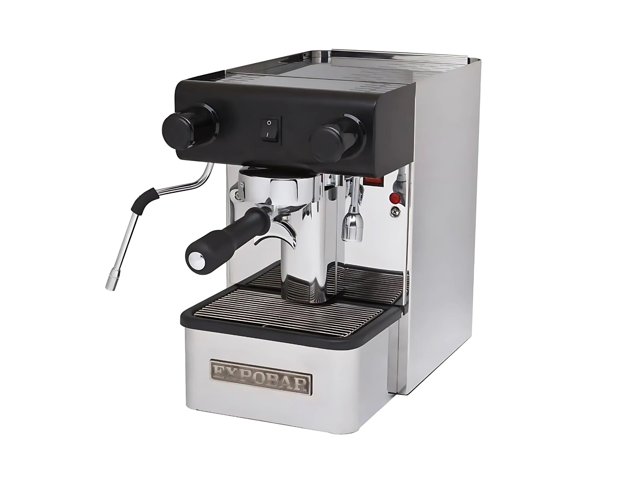 Expobar Office 1 Group Coffee Machine Stainless Semi-Automatic – New angled view on a clean white background. The image highlights the stainless steel body, E61 group head, steam wand, and compact design, showcasing the machine’s professional espresso features.