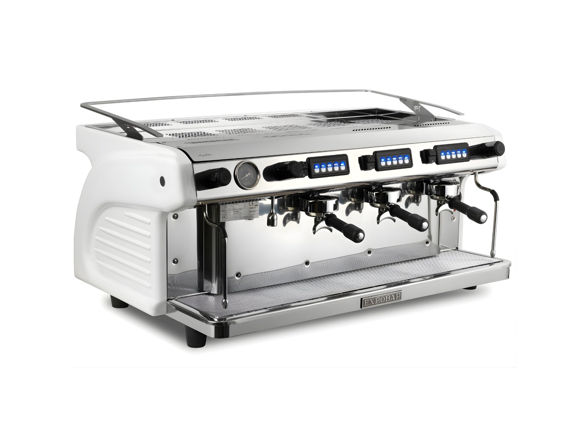 Expobar Ruggero Classic V2.0 3 Group Espresso Coffee Machine White angled view on a clean white background, showing group heads, dual steam wands, and cup tray.