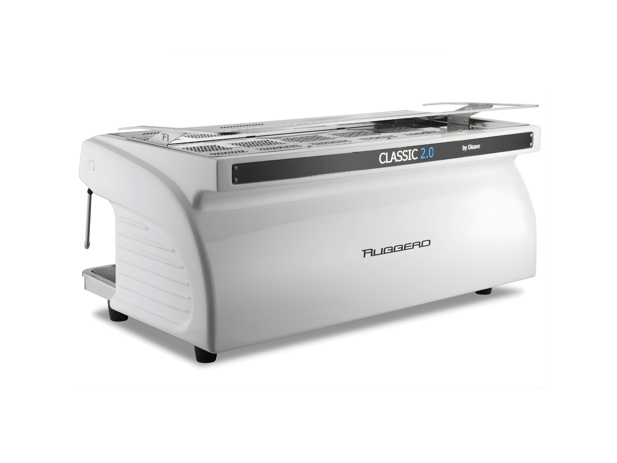 Expobar Ruggero Classic V2.0 3 Group Espresso Coffee Machine White angled back view highlighting body finish and boiler casing on a white background.