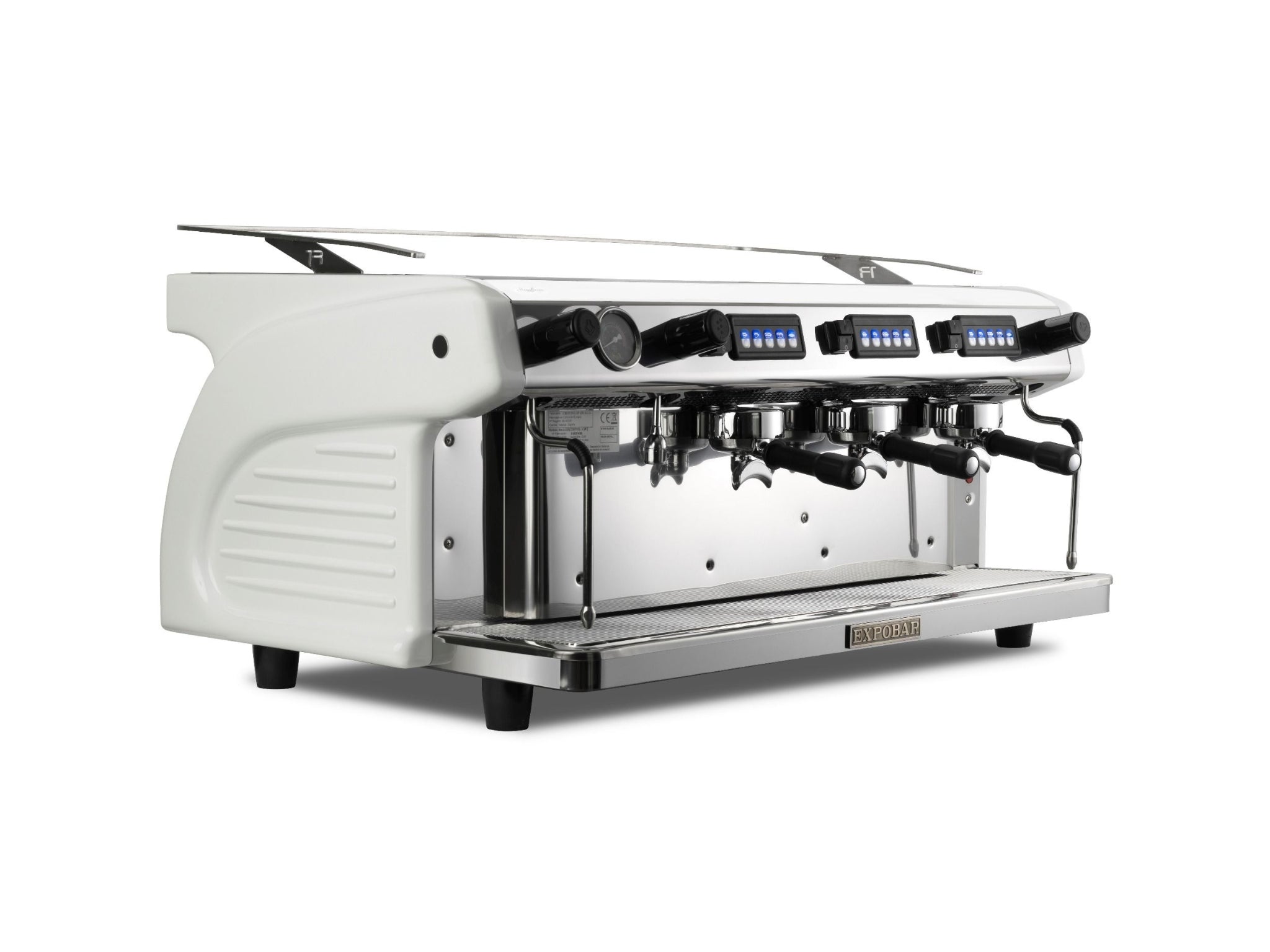 Expobar Ruggero Classic V2.0 3 Group High Cup Multiboiler espresso coffee machine – front angle view on white background, showing dual steam wands and illuminated signage