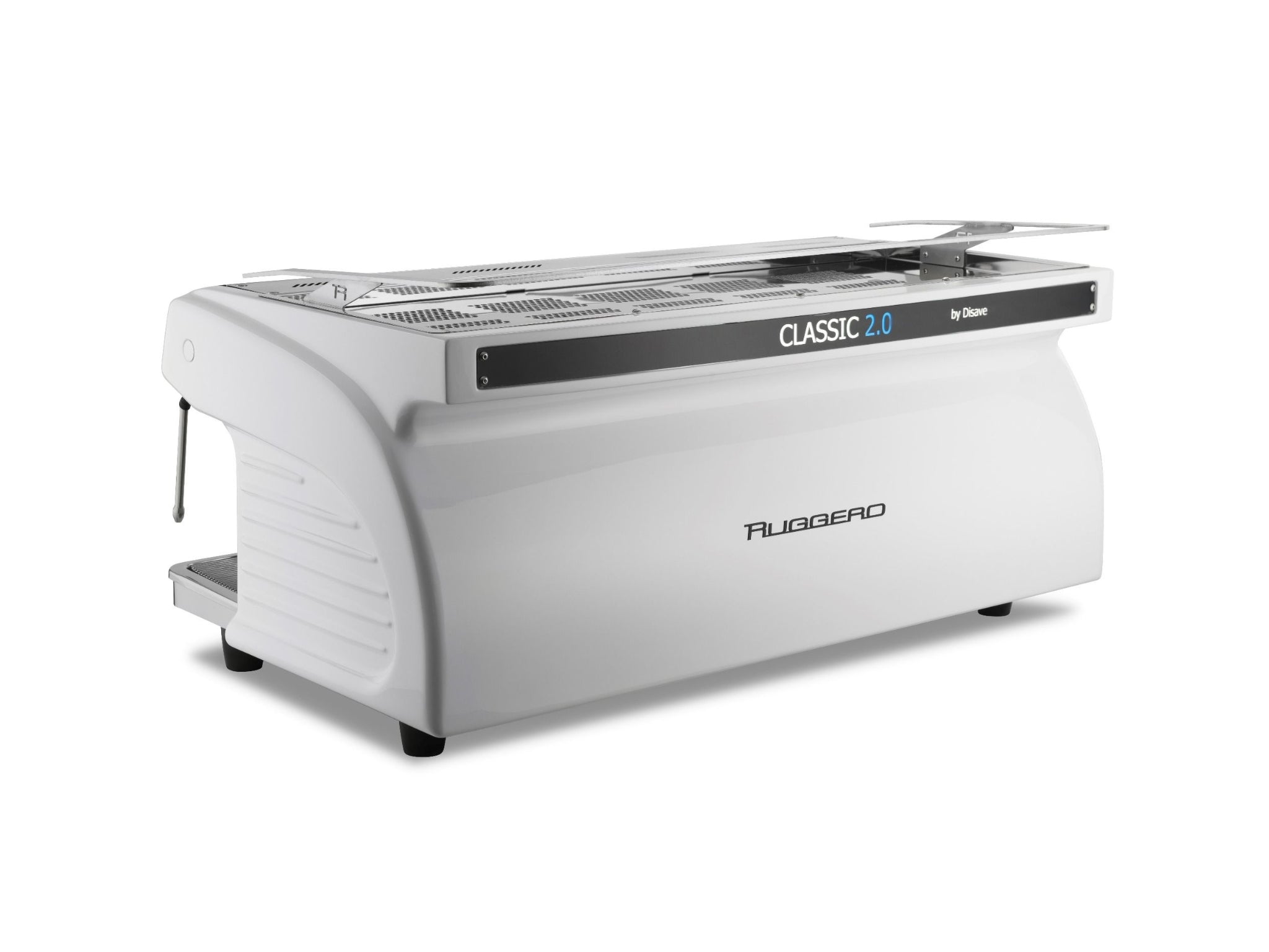 Expobar Ruggero Classic V2.0 3 Group High Cup Multiboiler espresso coffee machine – rear and side angle view on white background highlighting handmade fibreglass body and back panel design
