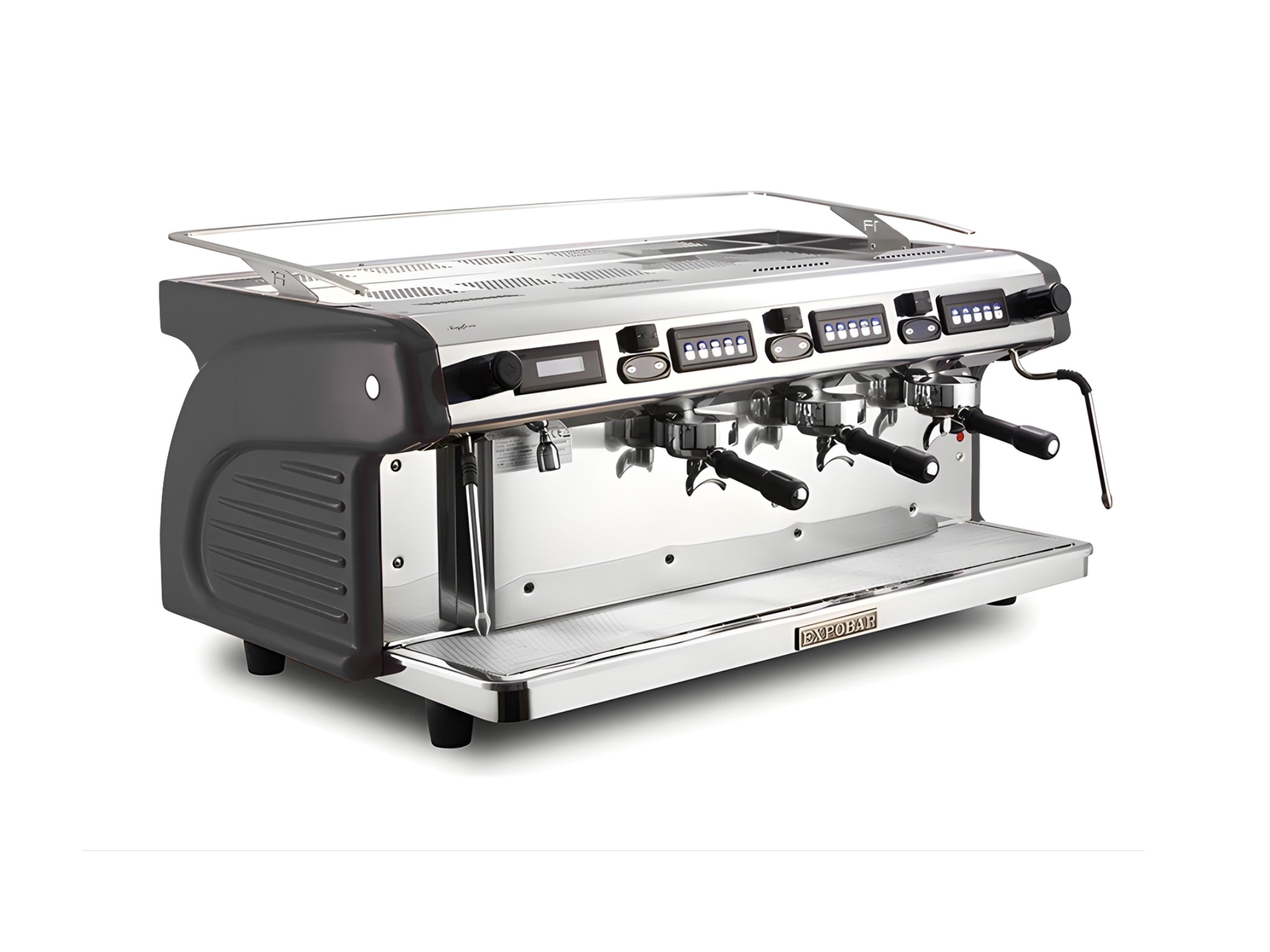 Expobar Ruggero Classic V2.0 3 Group Espresso Coffee Machine Black – New, angled view on a clean white background, showing fibreglass body, high cup group heads, dual steam wands, programmable keypad, and drip tray.