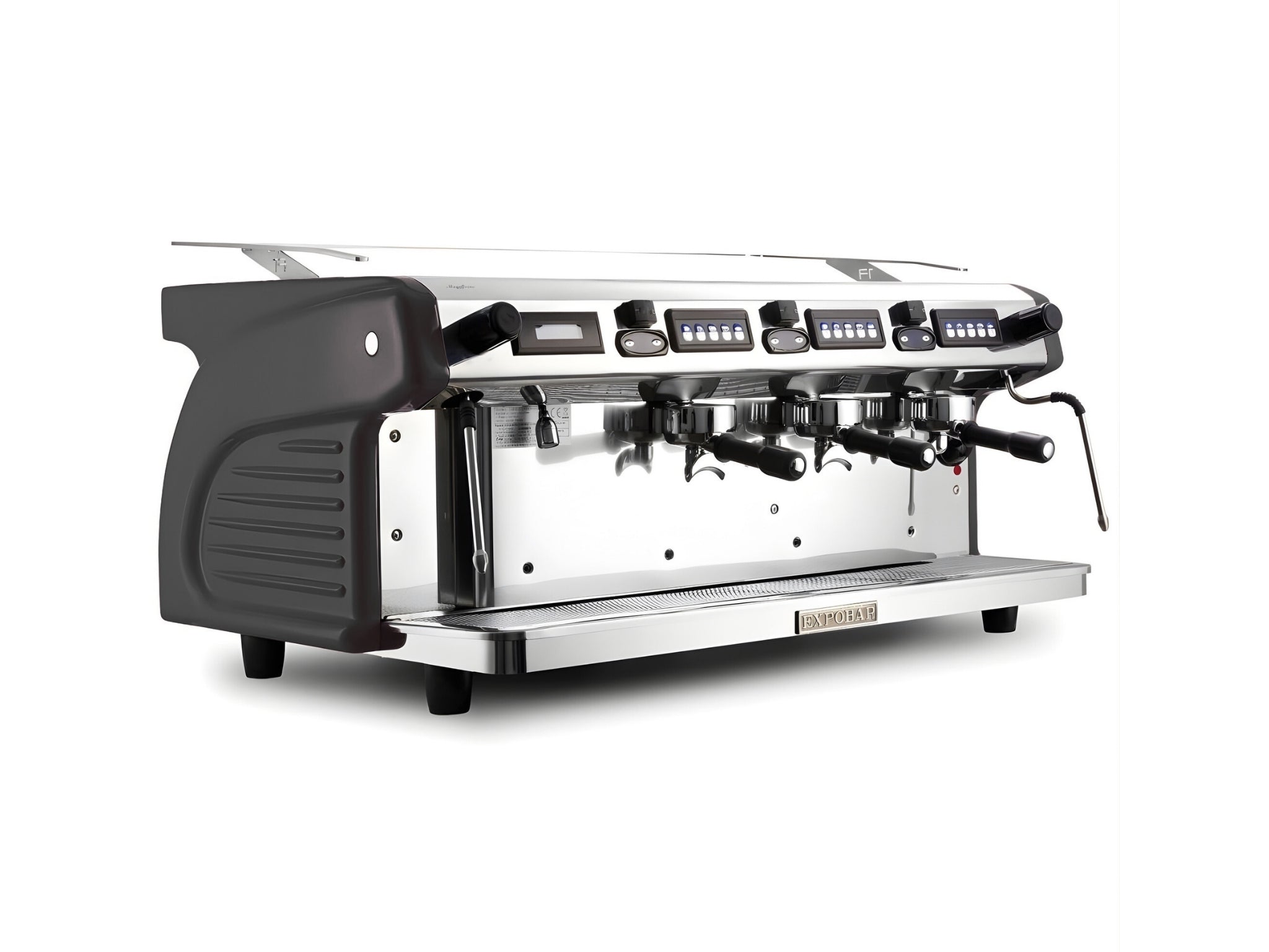 Expobar Ruggero Classic V2.0 3 Group Espresso Coffee Machine Black – New, angled view on a clean white background, showing fibreglass body, high cup group heads, dual steam wands, programmable keypad, and drip tray.