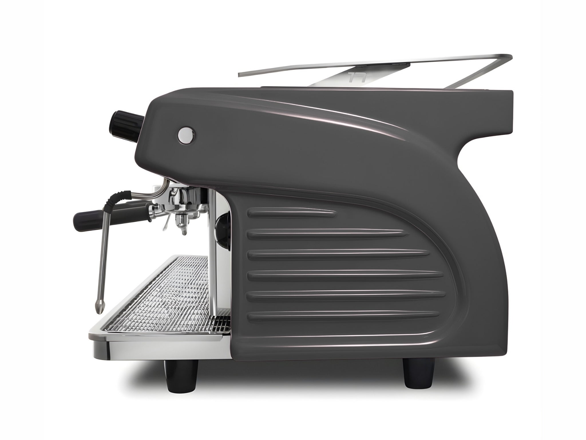 Expobar Ruggero Classic V2.0 3 Group Espresso Coffee Machine Black – New, side view on a white background, showing the fibreglass casing, high cup clearance, and dual steam wands.