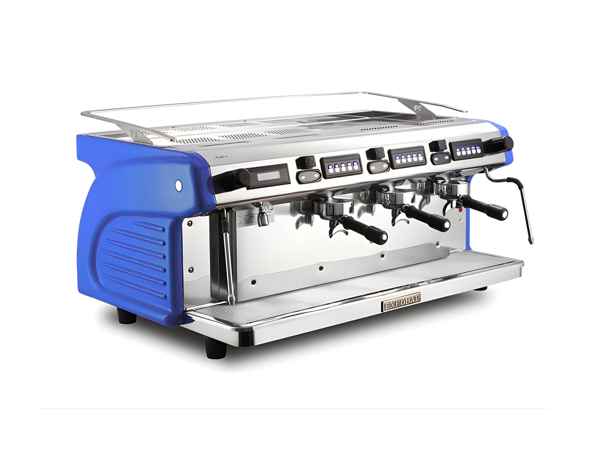 Expobar Ruggero Classic V2.0 3 Group Espresso Coffee Machine Multiboiler Dark Blue – New, angled view on a clean white background, showing fibreglass body, high cup group heads, dual steam wands, programmable keypad, and drip tray.
