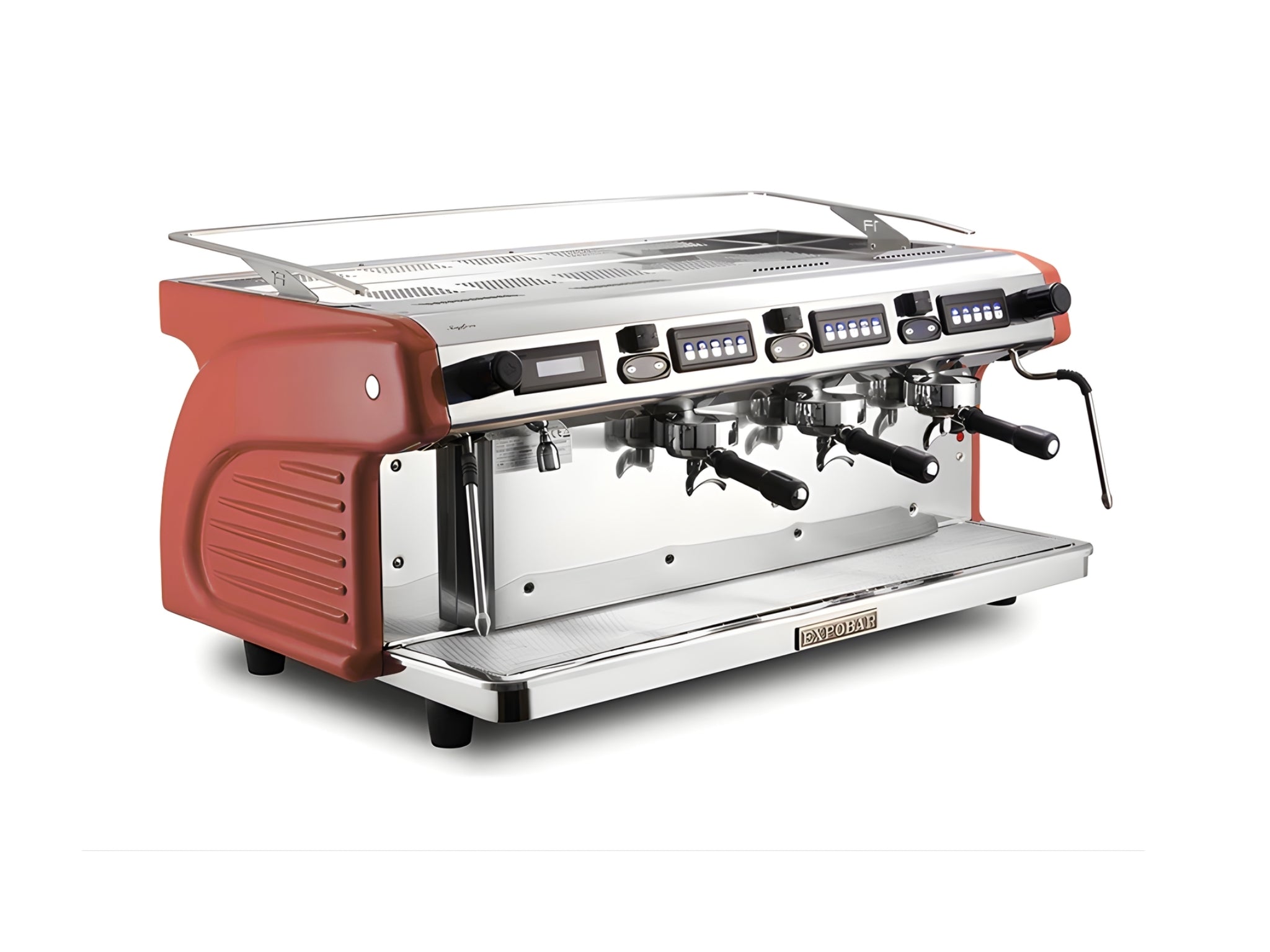 Expobar Ruggero Classic V2.0 3 Group Espresso Coffee Machine Dark Red – New, angled view on a clean white background, showing fibreglass body, high cup group heads, dual steam wands, programmable keypad, and drip tray.