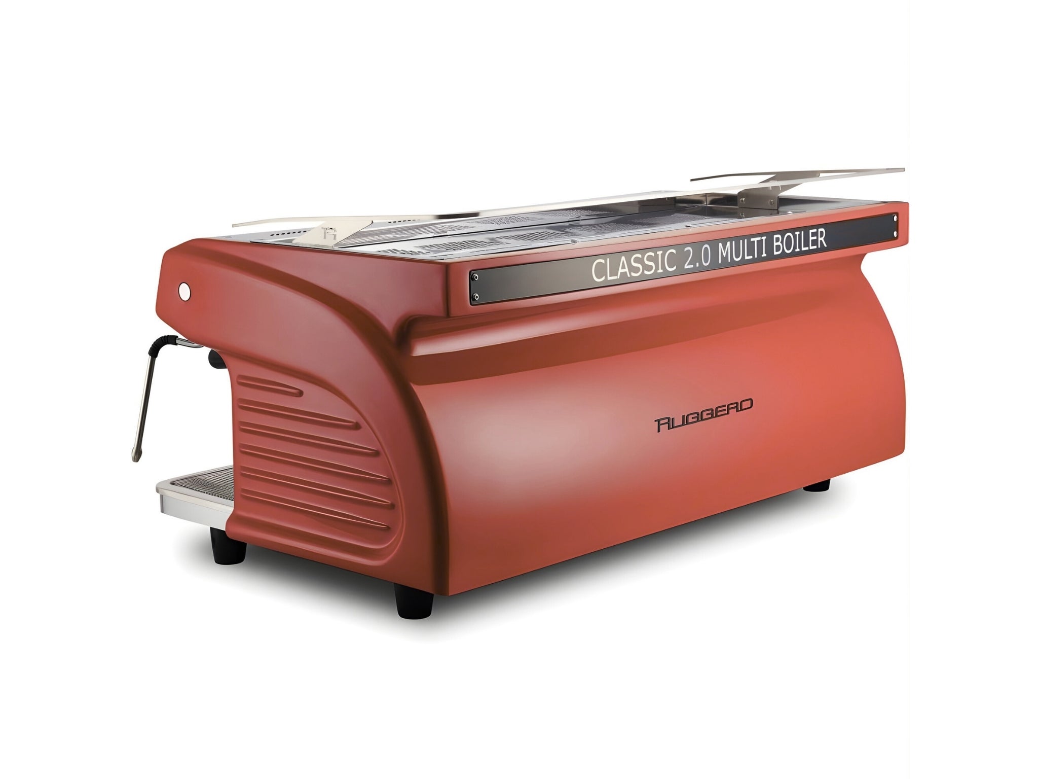 Expobar Ruggero Classic V2.0 3 Group Espresso Coffee Machine Dark Red – New, angled back view on a white background, showing the fibreglass body of the espresso coffee machine.