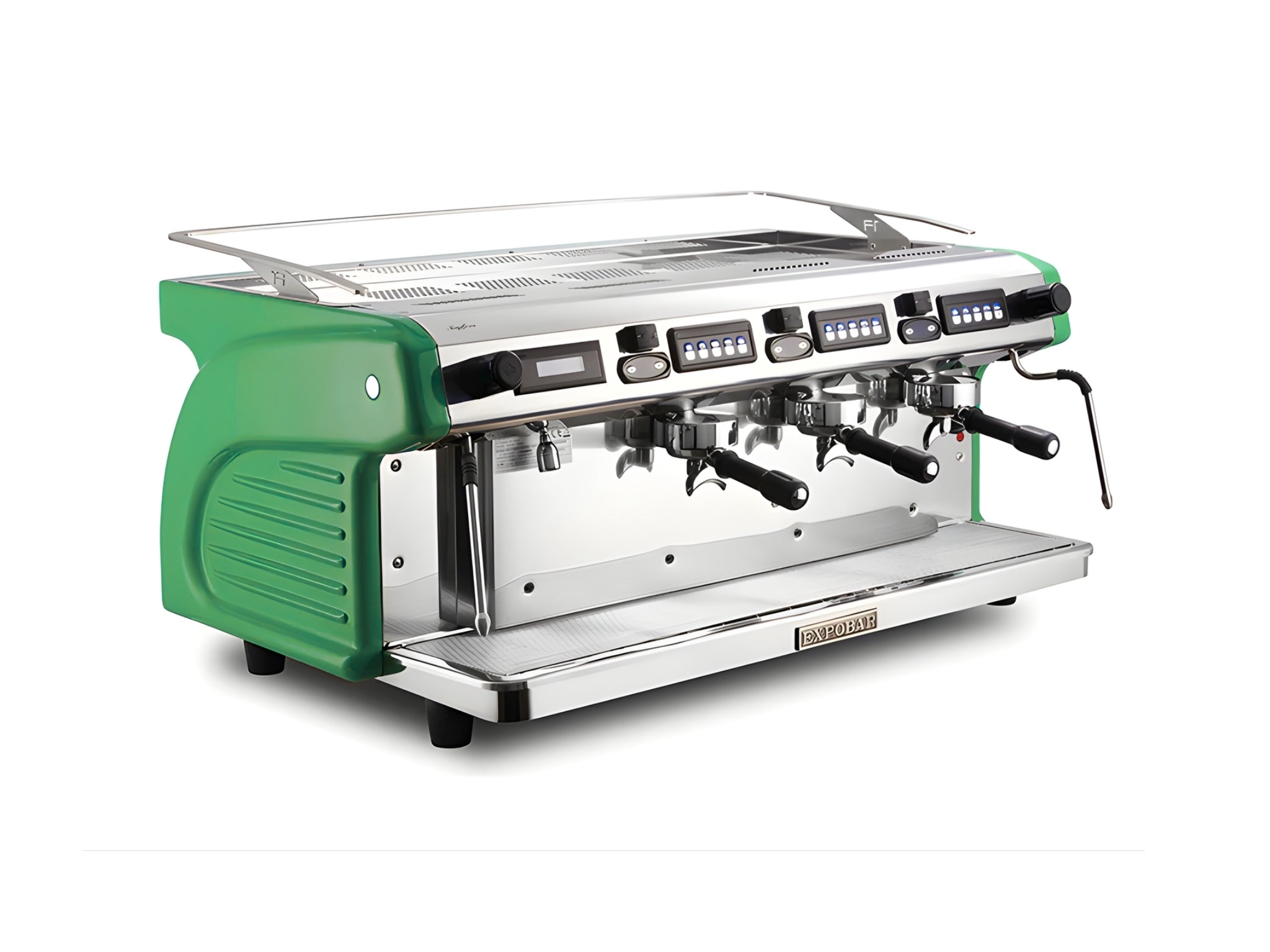 Expobar Ruggero Classic V2.0 3 Group Espresso Coffee Machine Green – New, angled view on a clean white background, showing fibreglass body, high cup group heads, dual steam wands, programmable keypad, and drip tray.