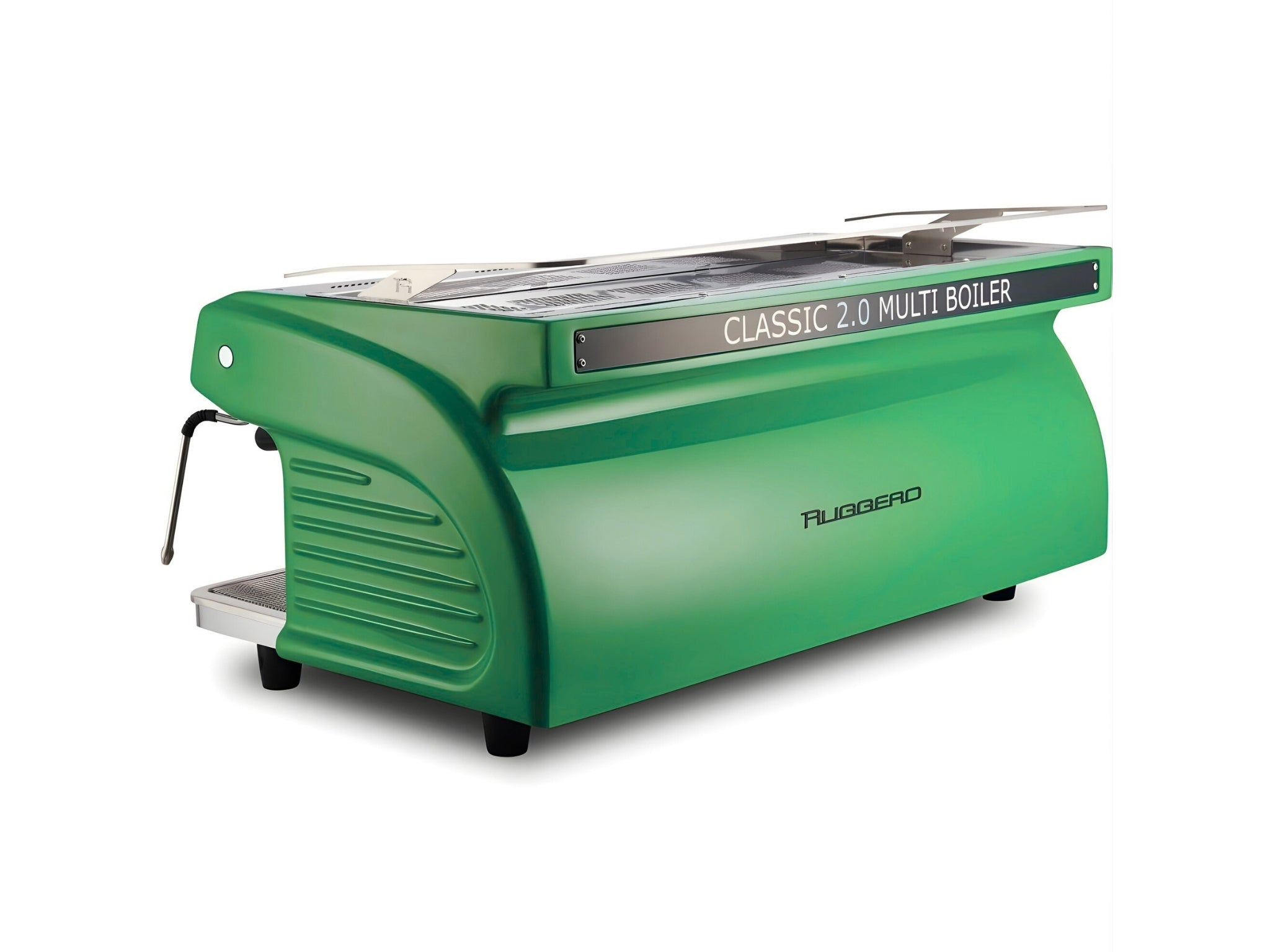Expobar Ruggero Classic V2.0 3 Group Espresso Coffee Machine Green – New, angled back view on a white background, showing the fibreglass body of the espresso coffee machine.