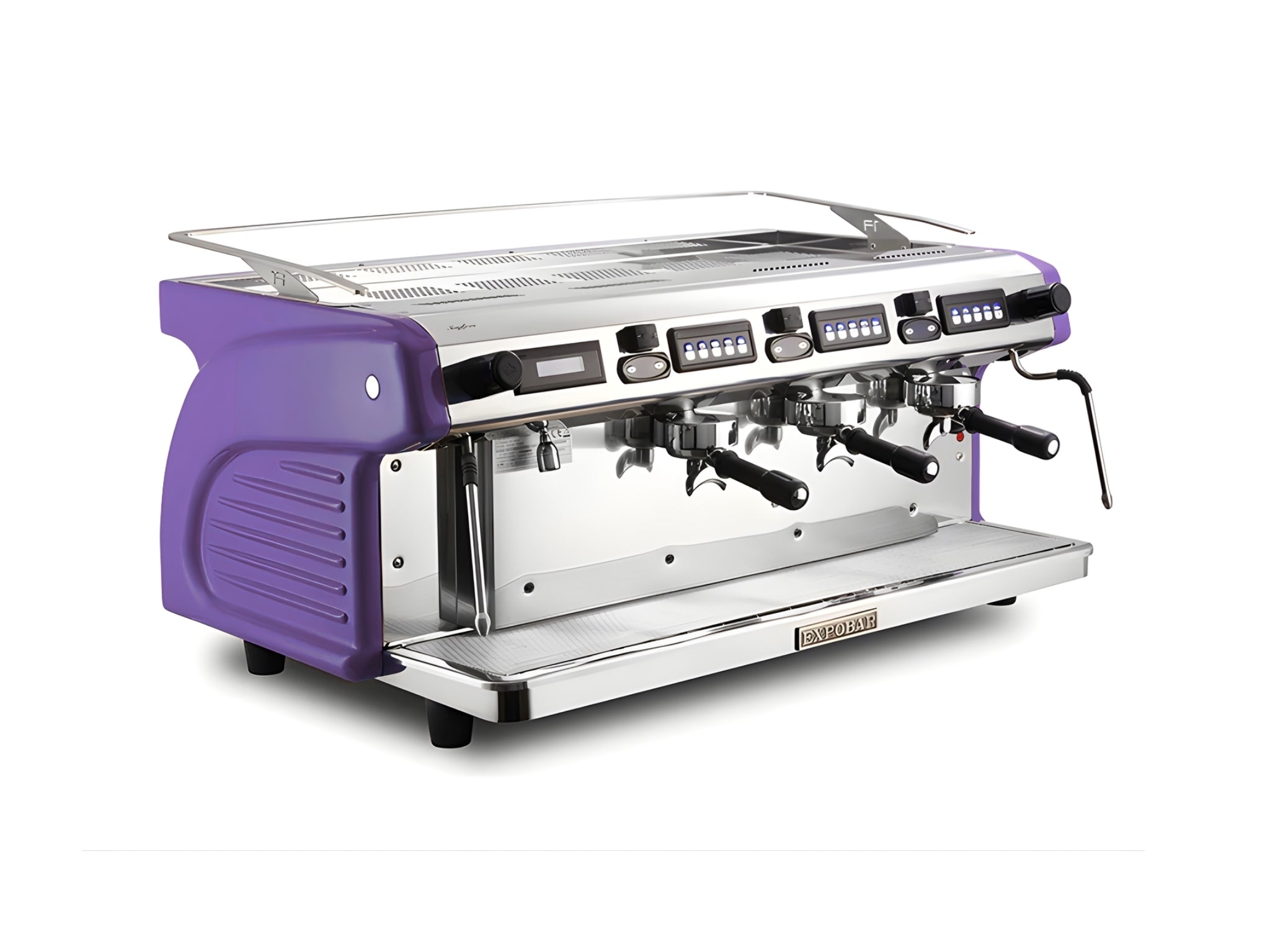 Expobar Ruggero Classic V2.0 3 Group Espresso Coffee Machine Purple – New, angled view on a clean white background, showing fibreglass body, high cup group heads, dual steam wands, programmable keypad, and drip tray.