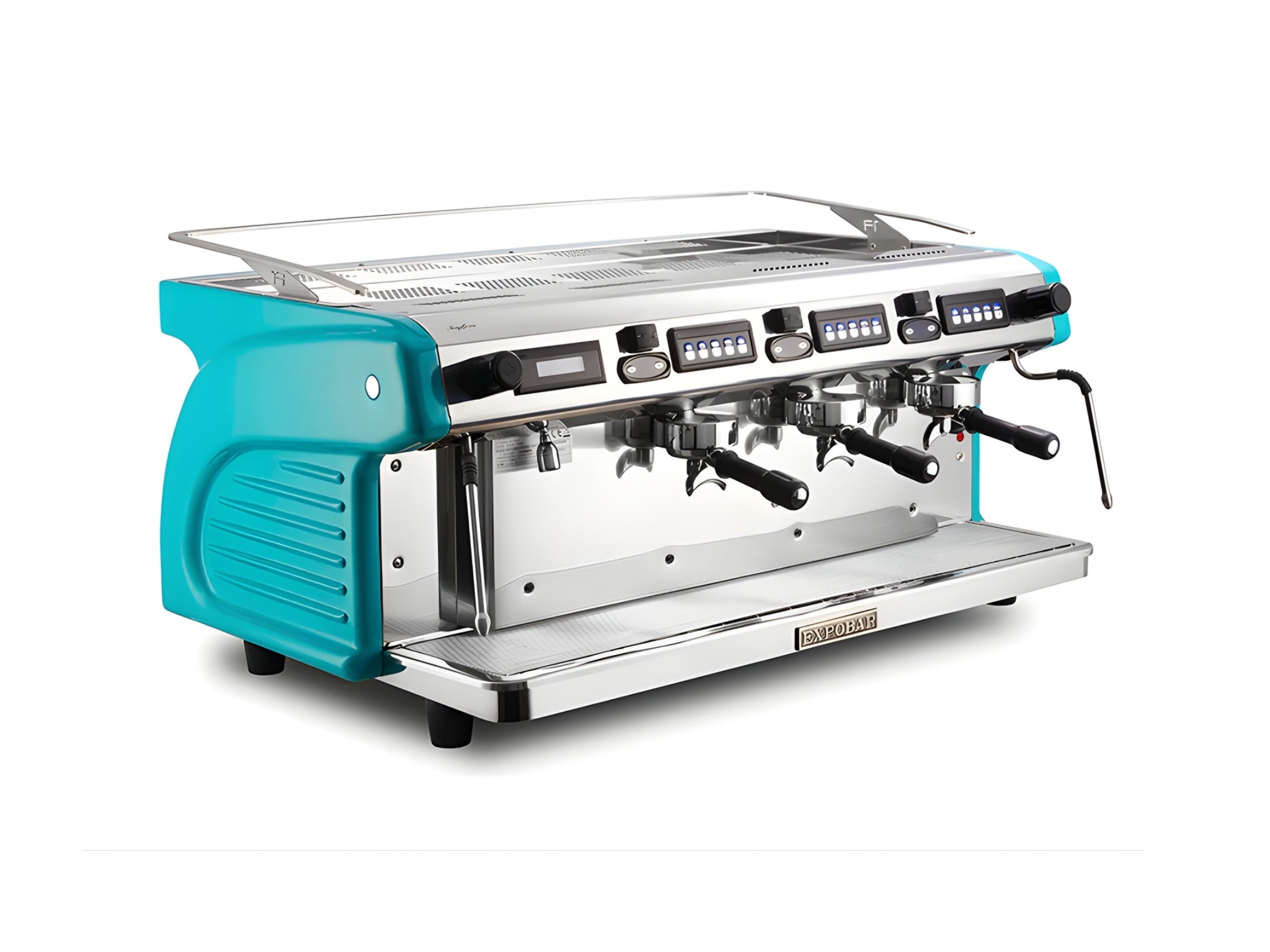Expobar Ruggero Classic V2.0 3 Group Espresso Coffee Machine in teal, angled front view showing high cup clearance, dual steam wands, and illuminated signage.