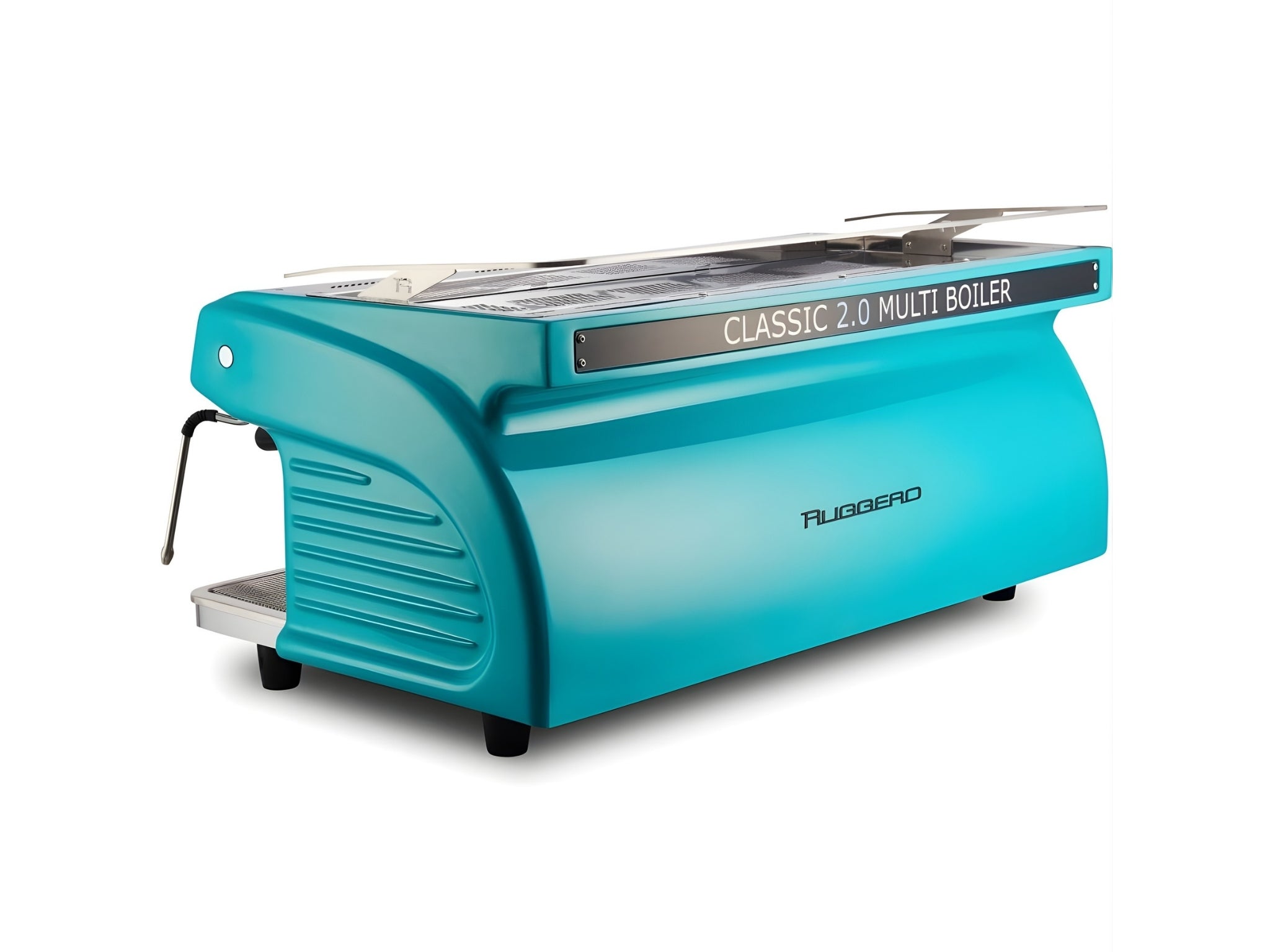 Angled back image of teal Expobar Ruggero Classic V2.0 3 Group Espresso Coffee Machine showing durable customisable body and side profile.