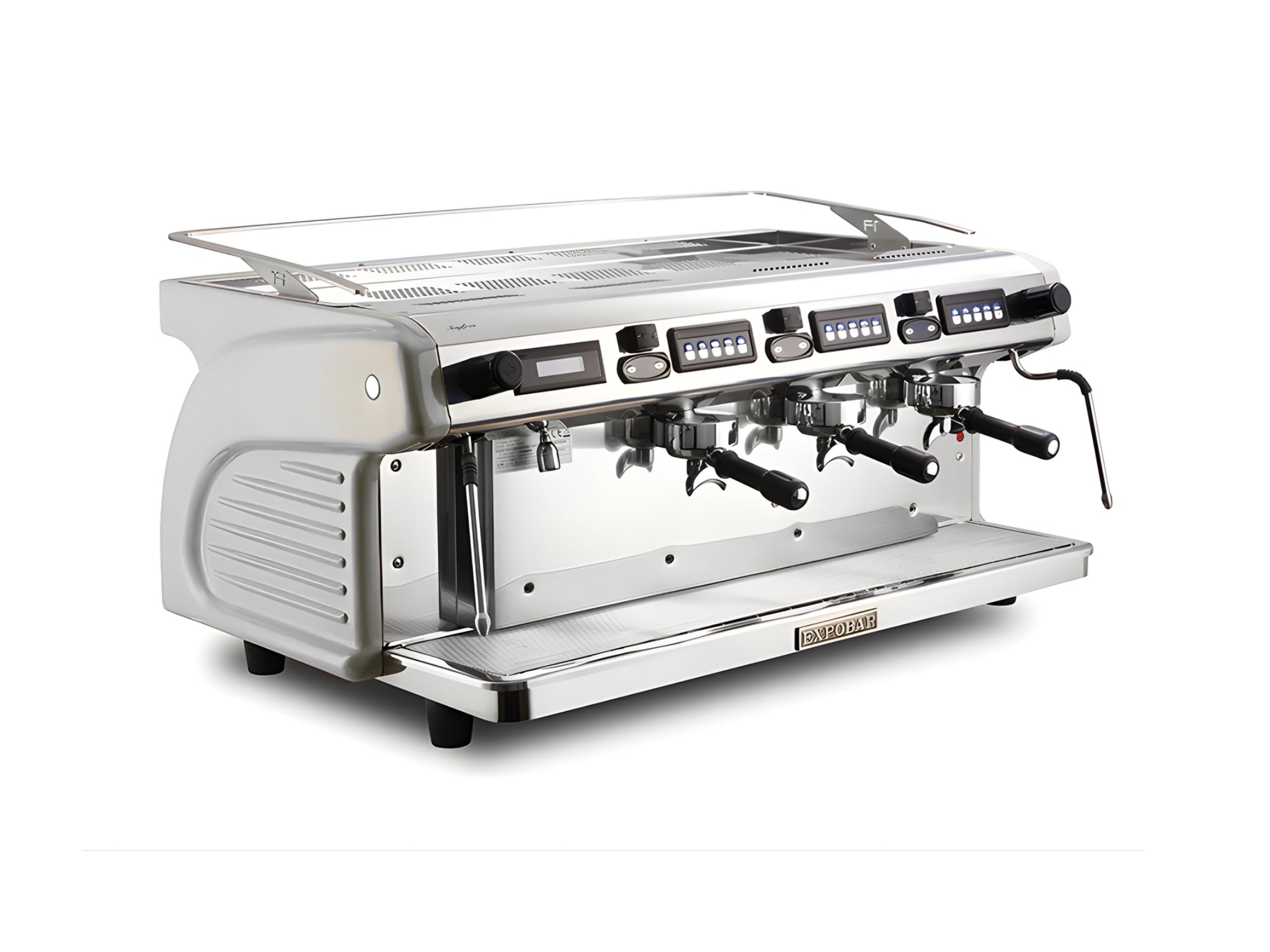 Expobar Ruggero Classic V2.0 3 Group Espresso Coffee Machine White – New, angled view on a clean white background, showing fibreglass body, high cup group heads, dual steam wands, programmable keypad, and drip tray.
