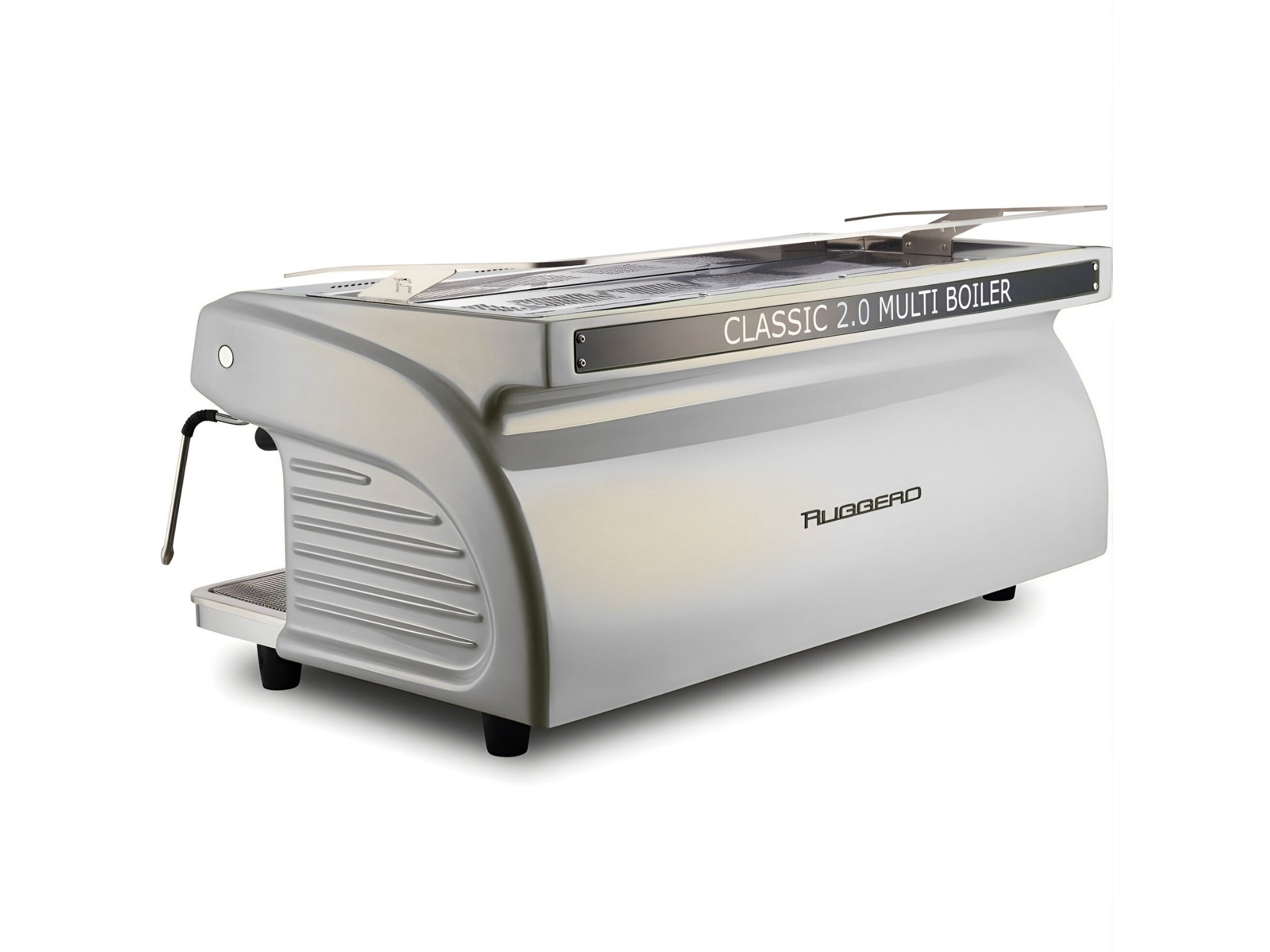 Expobar Ruggero Classic V2.0 3 Group Espresso Coffee Machine White – New, angled back view on a white background, showing the fibreglass body of the espresso coffee machine.