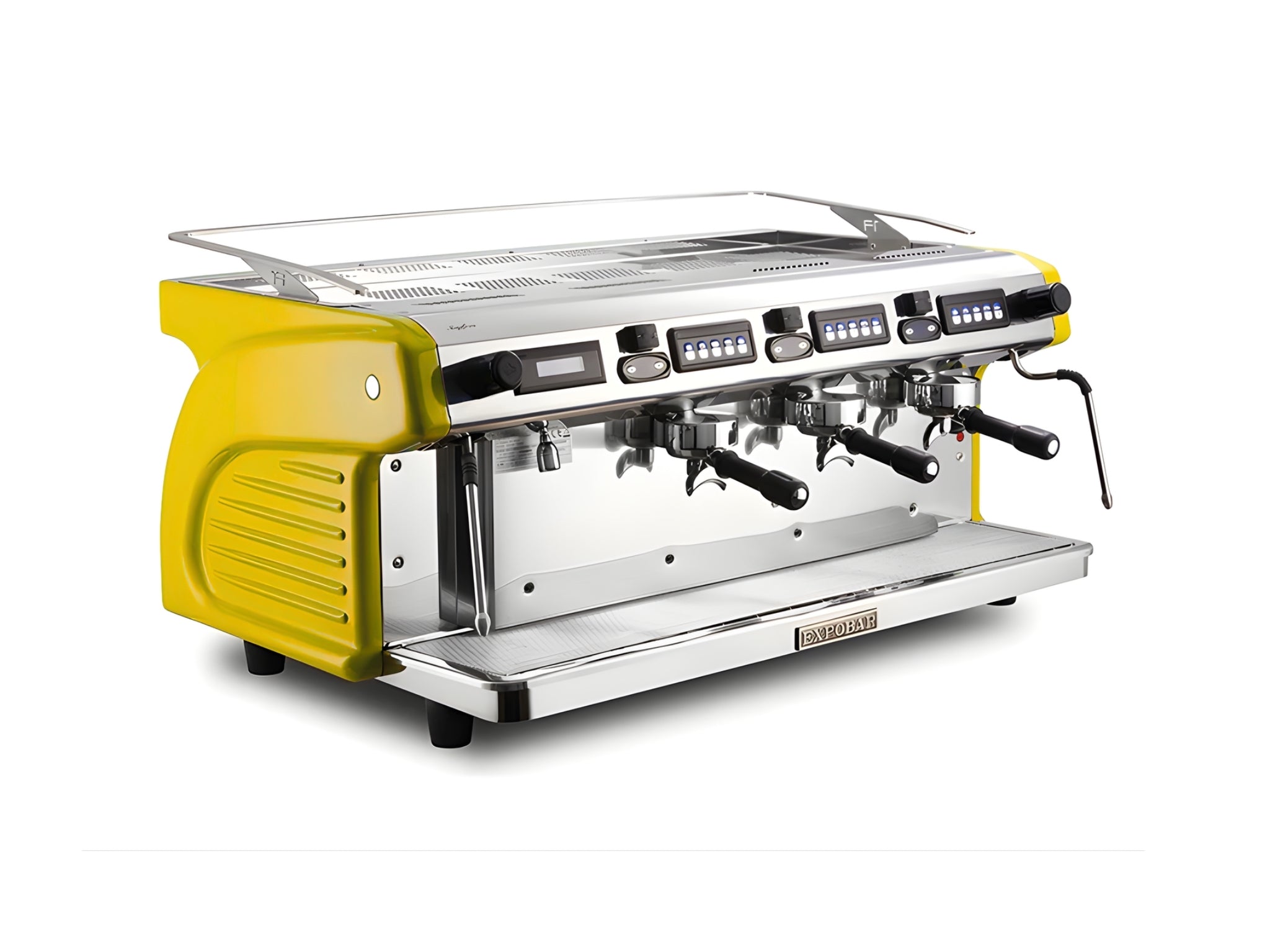 Expobar Ruggero Classic V2.0 3 Group Espresso Coffee Machine Yellow – New, angled view on a clean white background, showing fibreglass body, high cup group heads, dual steam wands, programmable keypad, and drip tray.