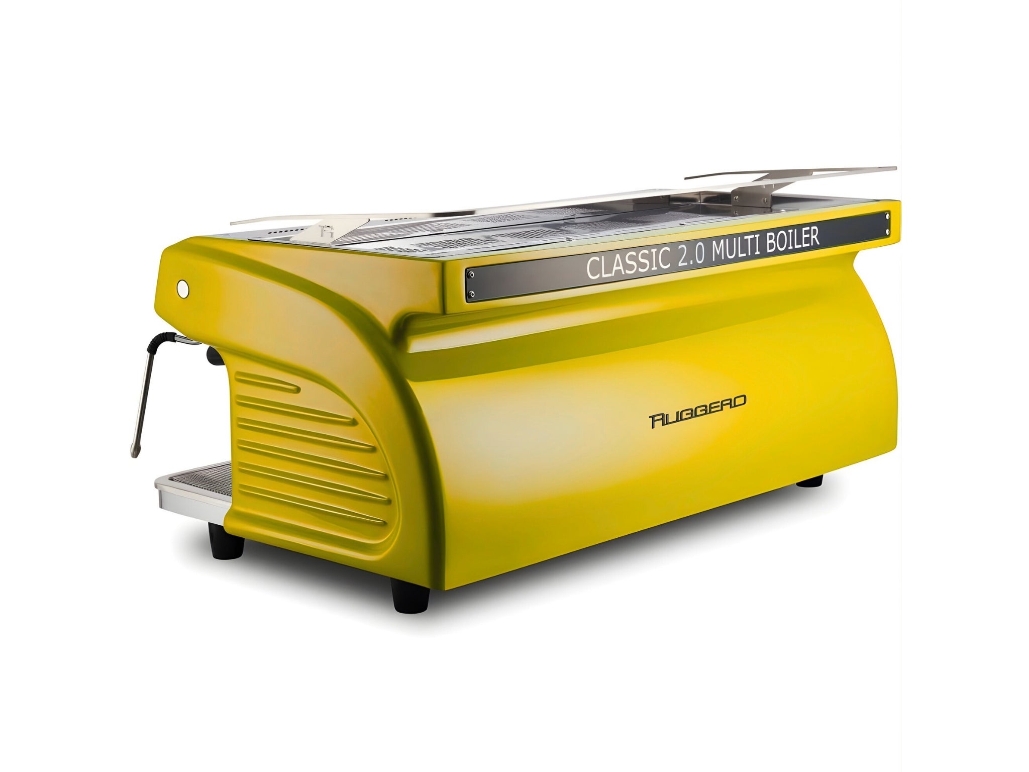 Expobar Ruggero Classic V2.0 3 Group Espresso Coffee Machine Yellow – New, angled back view on a white background, showing the fibreglass body of the espresso coffee machine.