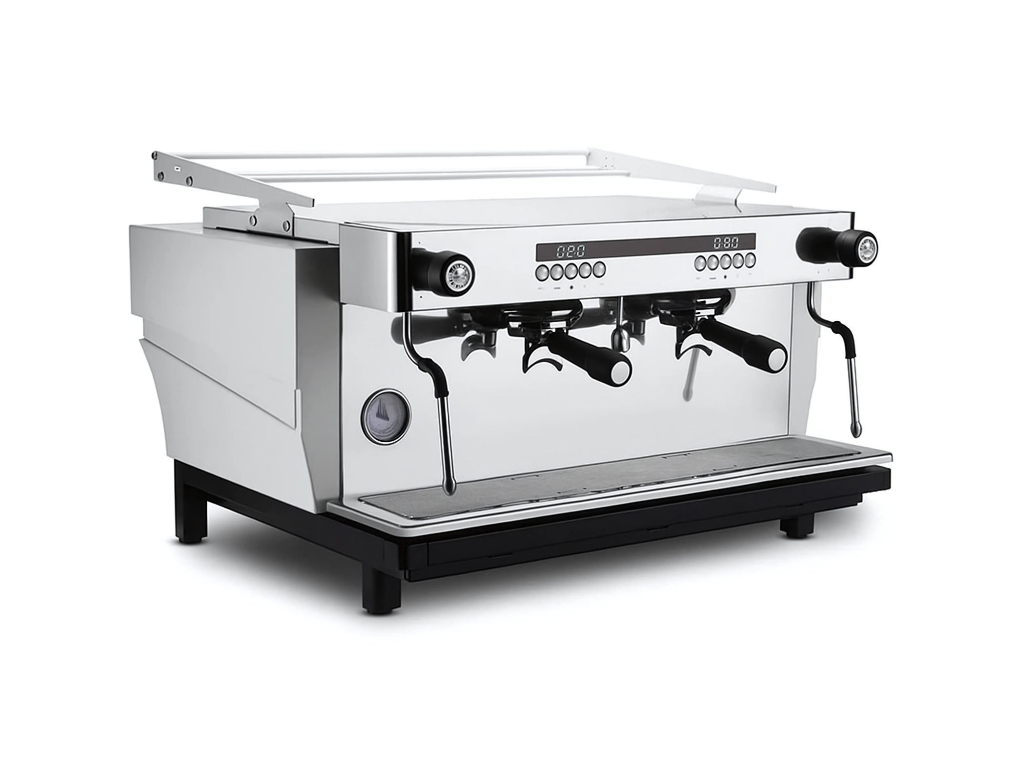 Expobar Ruggero JS80 2 Group Coffee Machine White – New espresso machine shown at an angled view against a white background. Features the white body, high cup group heads, and modern frame.