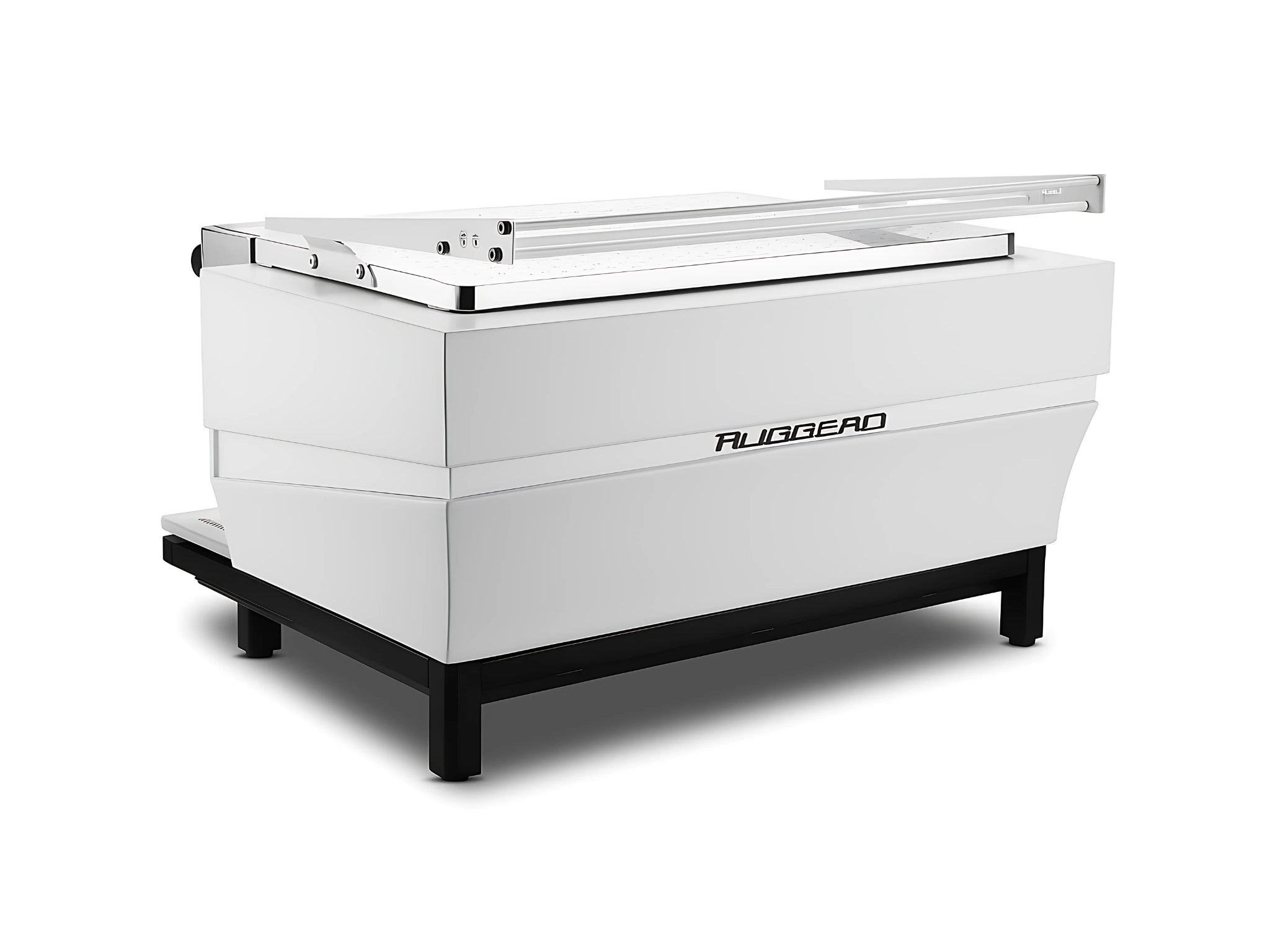 Expobar Ruggero JS80 2 Group Coffee Machine White – New espresso coffee machine pictured from an angled rear view. Emphasises the white casing, smooth panels, and overall form.