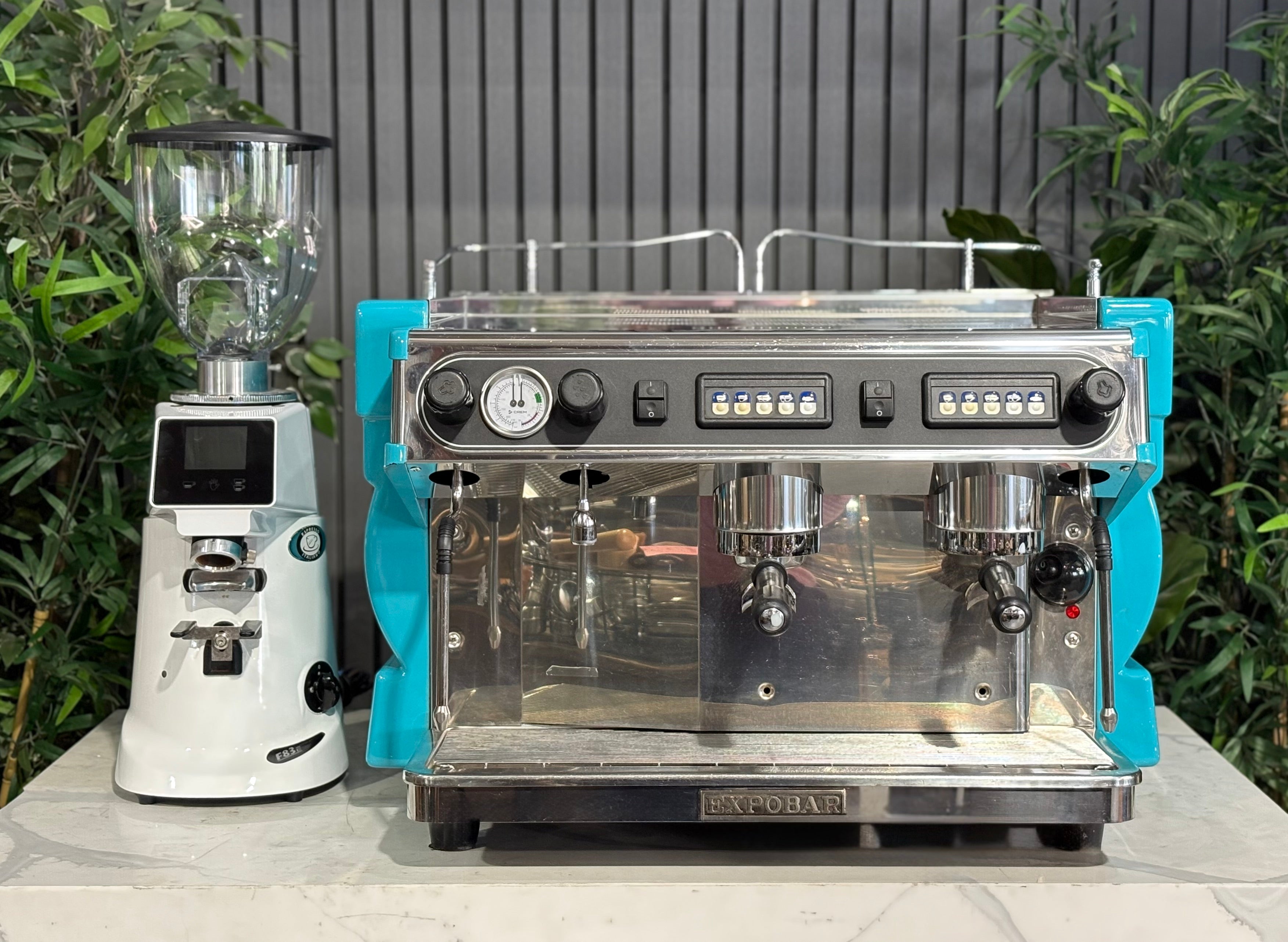 Expobar Alfa Ruggero 2 Group Coffee Machine Teal & Fiorenzato F83 Electronic Grinder White - Used Package