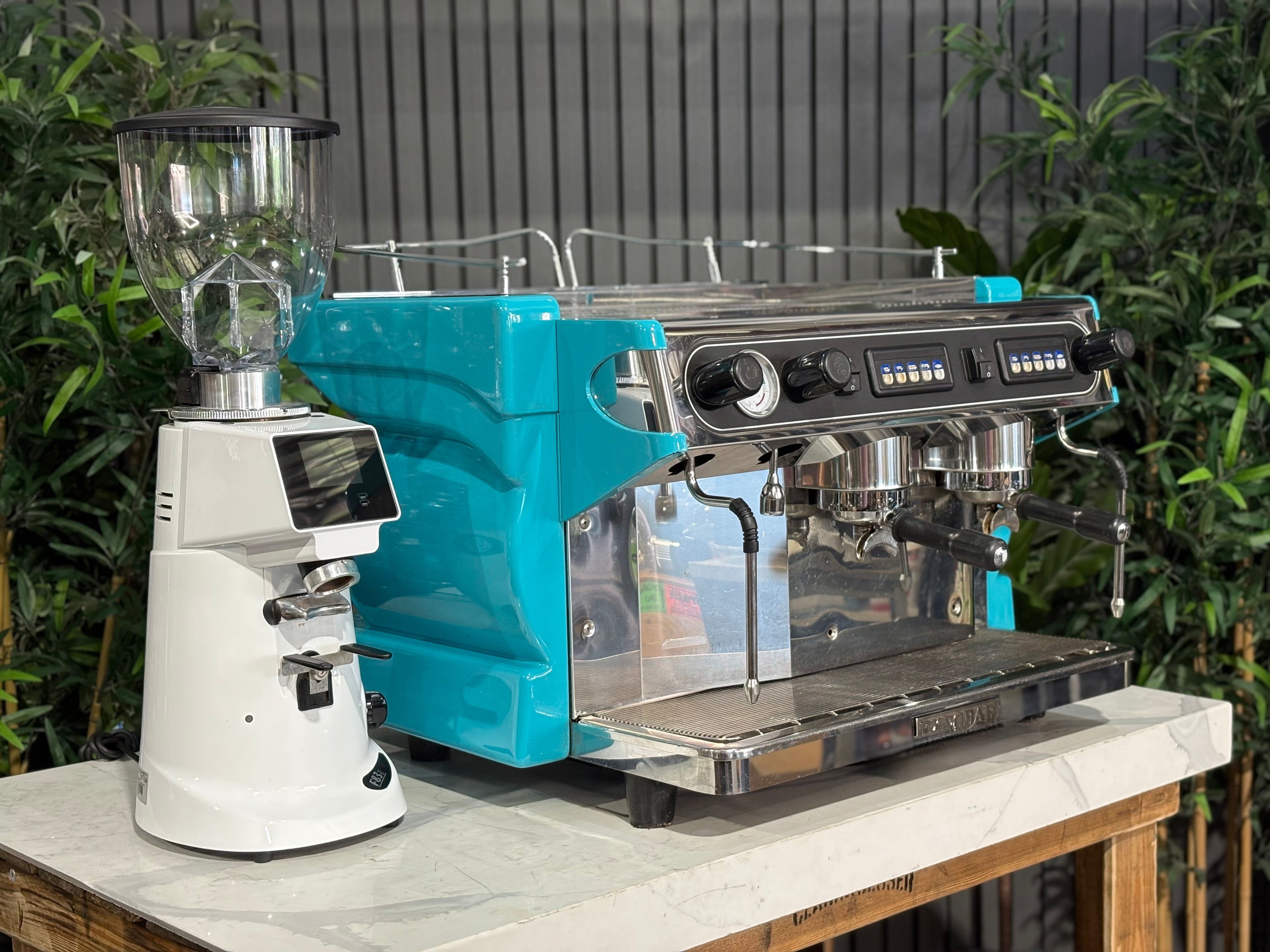 Expobar Alfa Ruggero 2 Group Coffee Machine Teal & Fiorenzato F83 Electronic Grinder White - Used Package