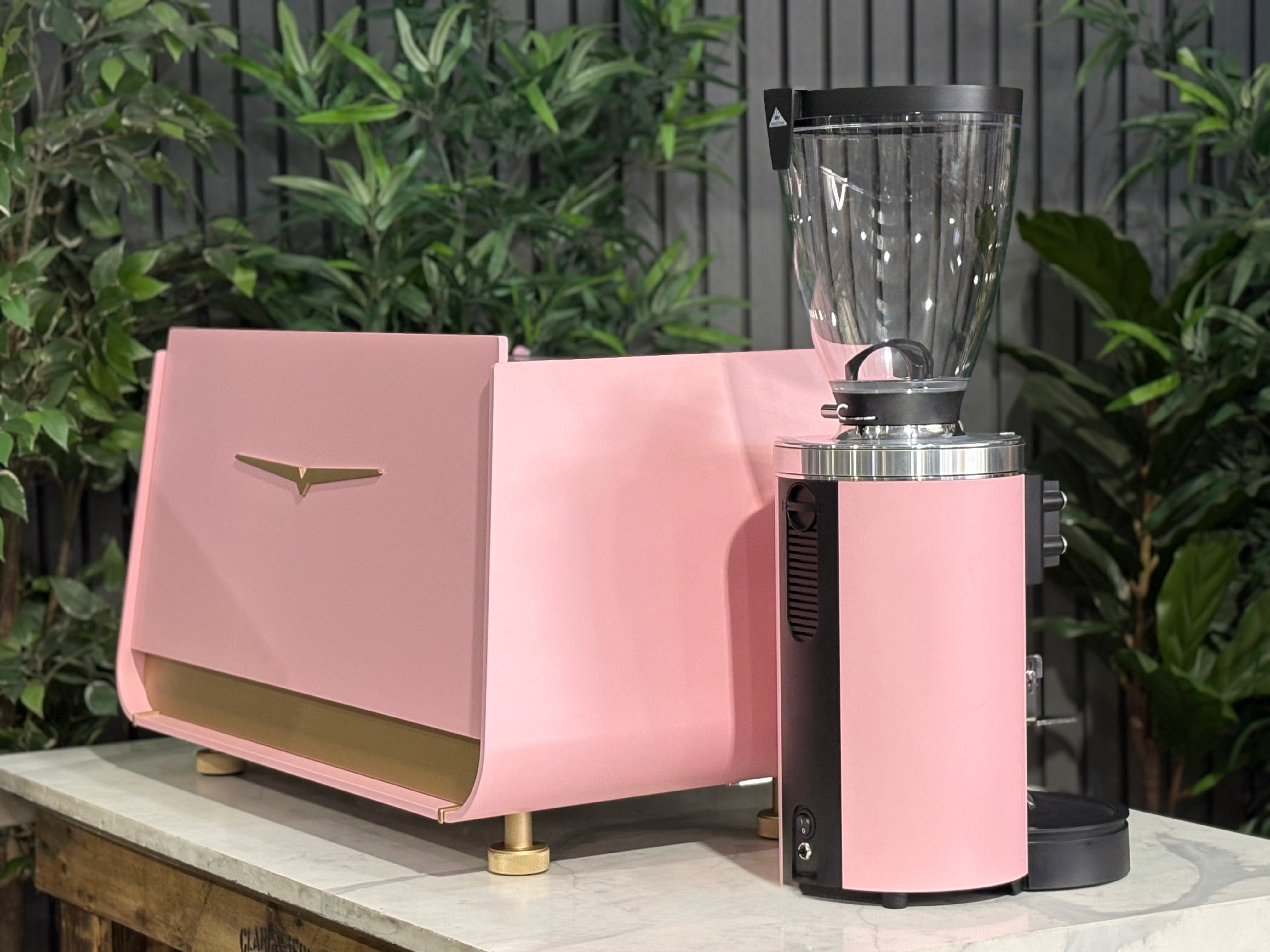 Victoria Arduino Eagle One 2 Group Coffee Machine Custom Pink & Gold with Mahlkönig E65 GBS Grinder in background