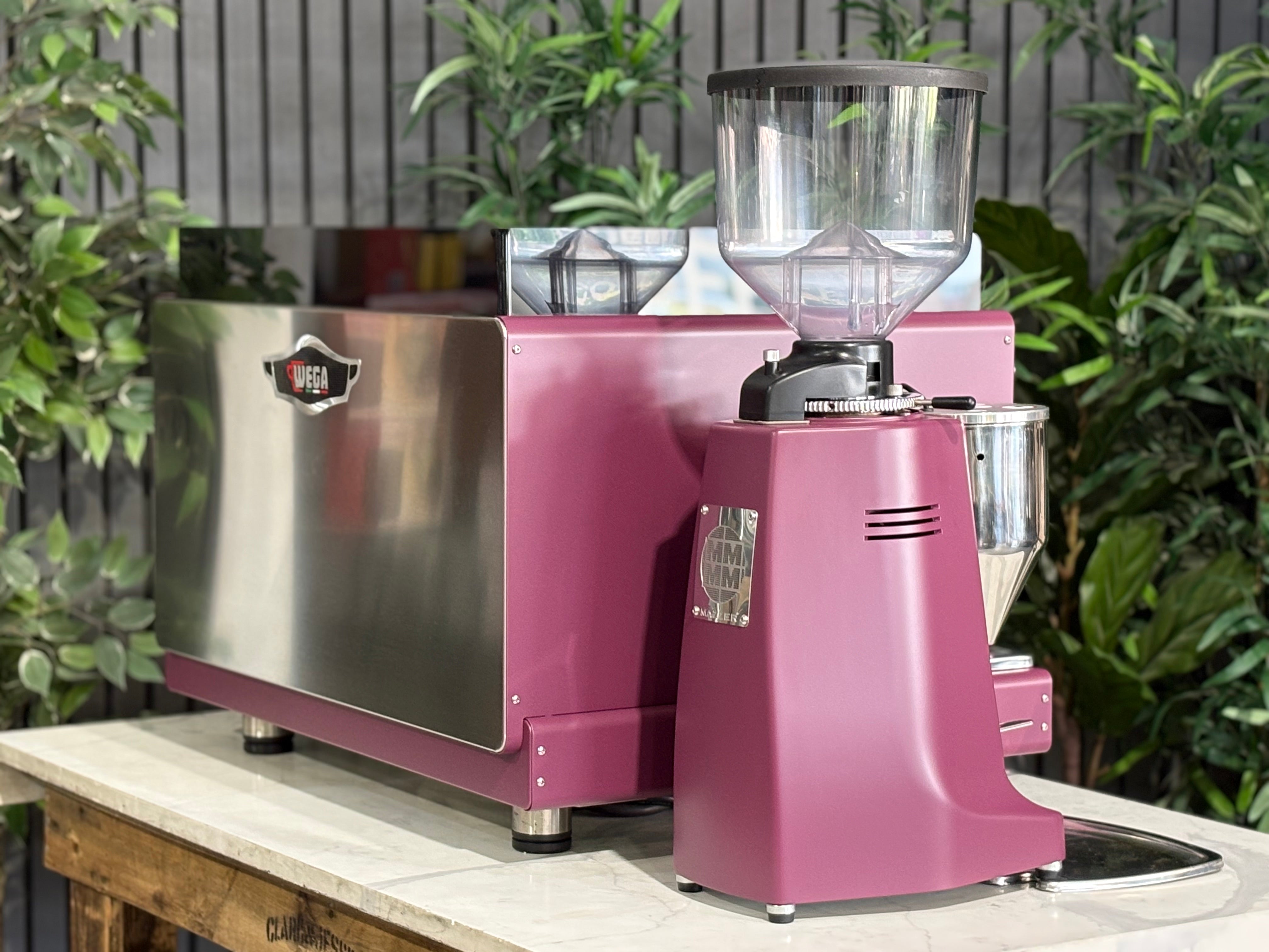 Wega Pegaso EVD 2 Group Coffee Machine & Mazzer Major Electronic Grinder - Used Package in deep pink