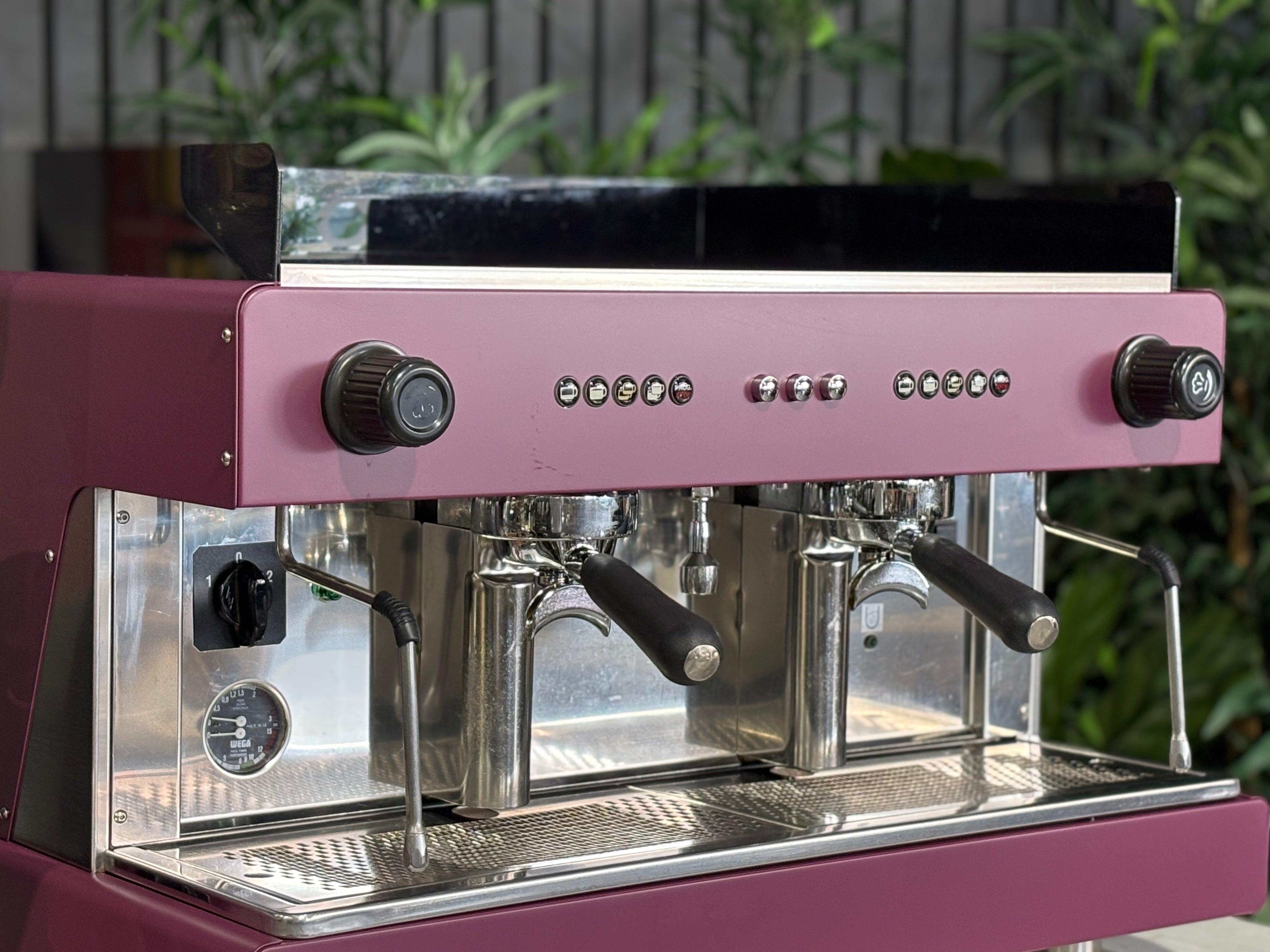 Wega Pegaso EVD 2 Group Coffee Machine & Mazzer Major Electronic Grinder - Used Package in deep pink finish.