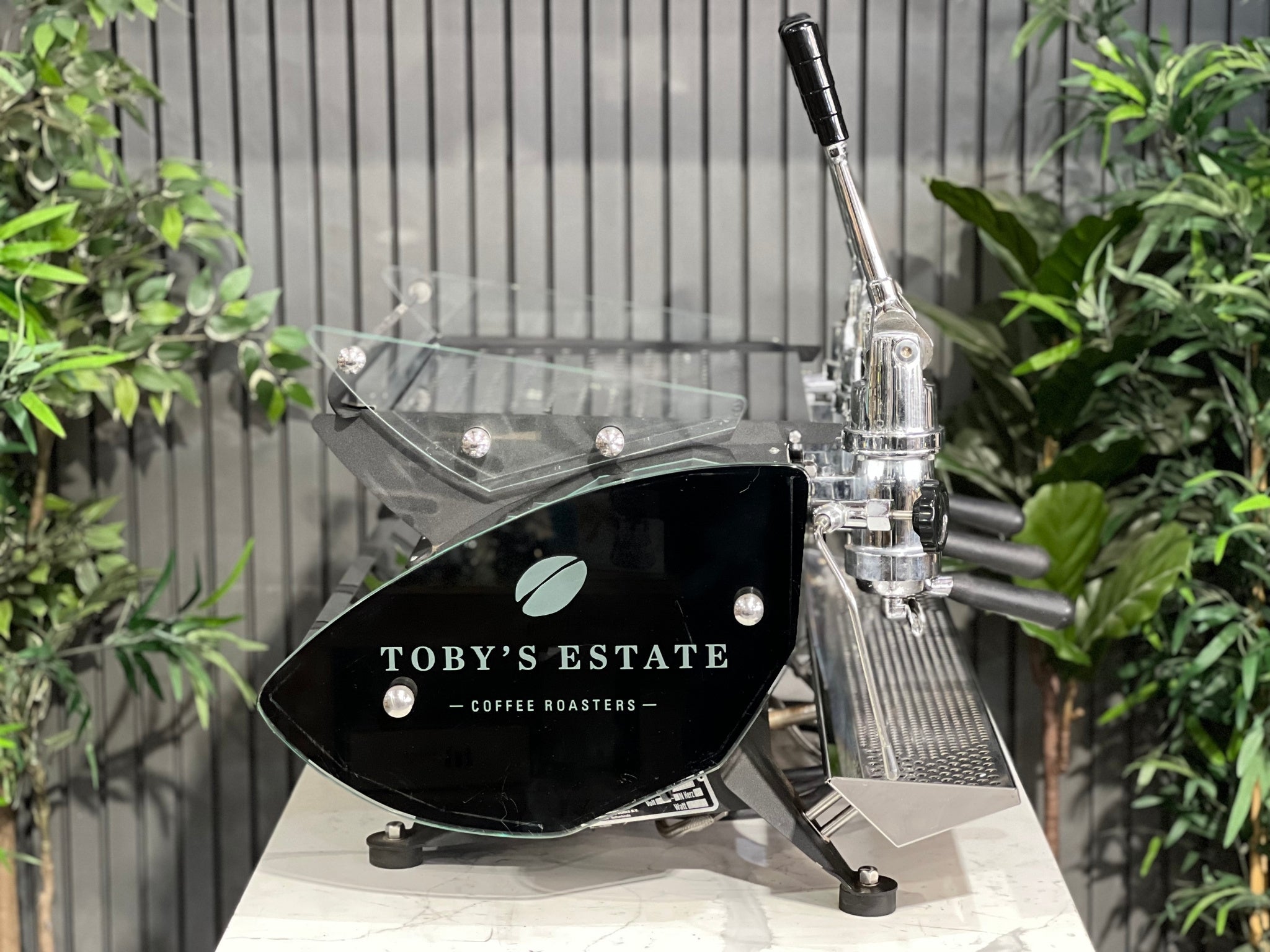 Kees van der Westen Mirage Idrocompresso Triplette 3 Group Coffee Machine Stainless - Used espresso coffee machine shown from the side. Highlights the polished body, curved panels, and profile of the spring lever system, sitting on a marble bench with greenery behind.