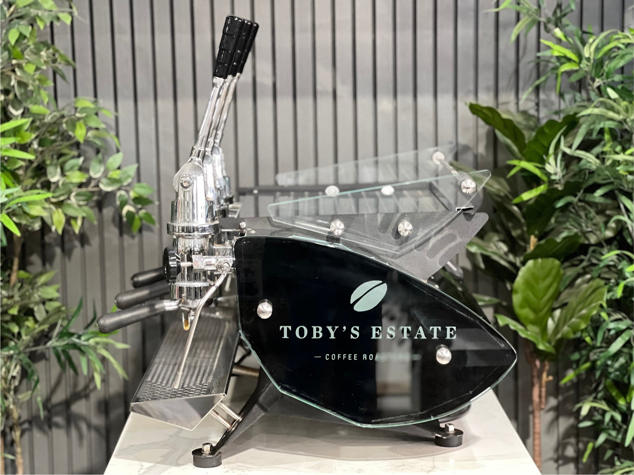 Kees van der Westen Mirage Idrocompresso Triplette 3 Group Coffee Machine Stainless - Used espresso coffee machine shown from the side. Highlights the polished body, curved panels, and profile of the spring lever system, sitting on a marble bench with greenery behind.