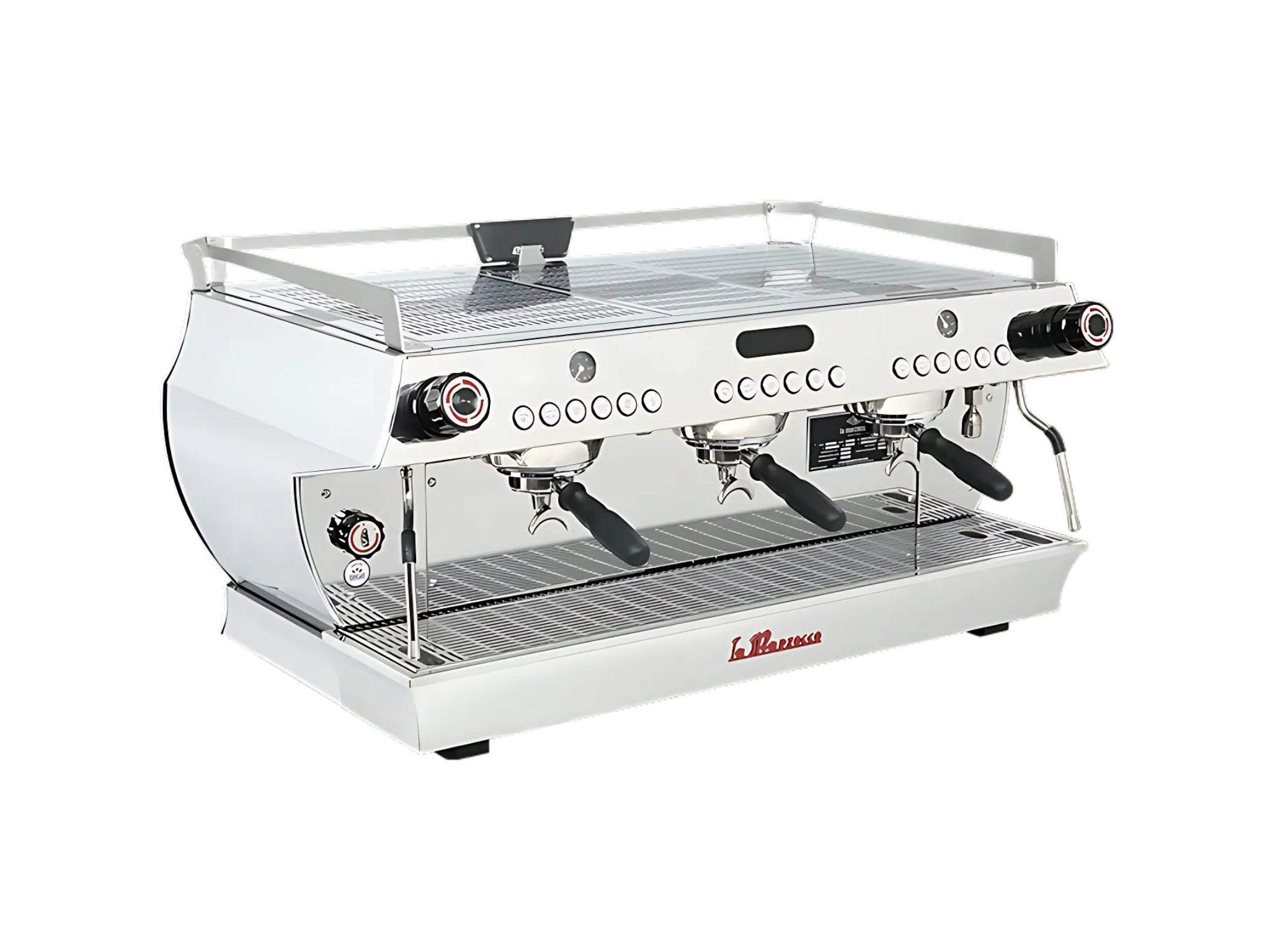 La Marzocco GB5 S 3 Group Coffee Machine Stainless - New espresso machine angled view on a clean white background, showing three group heads, dual steam wands, cup tray, and digital display.
