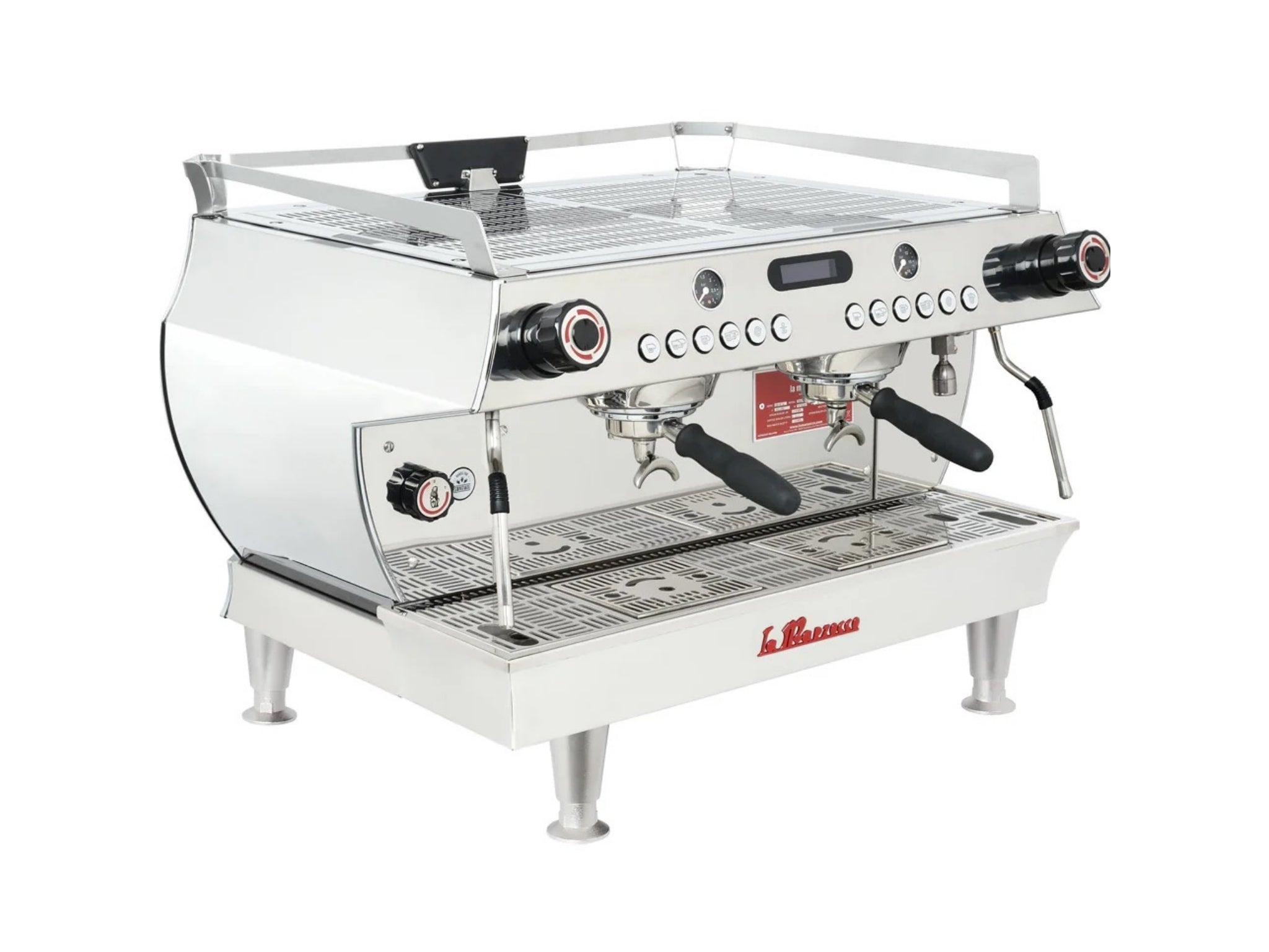 La Marzocco GB5 S ABR 2 Group Coffee Machine Stainless - New angled view showing both front and side of this stainless steel espresso coffee machine, highlighting dual group heads, steam wands, cup tray, and digital display on a clean white background.