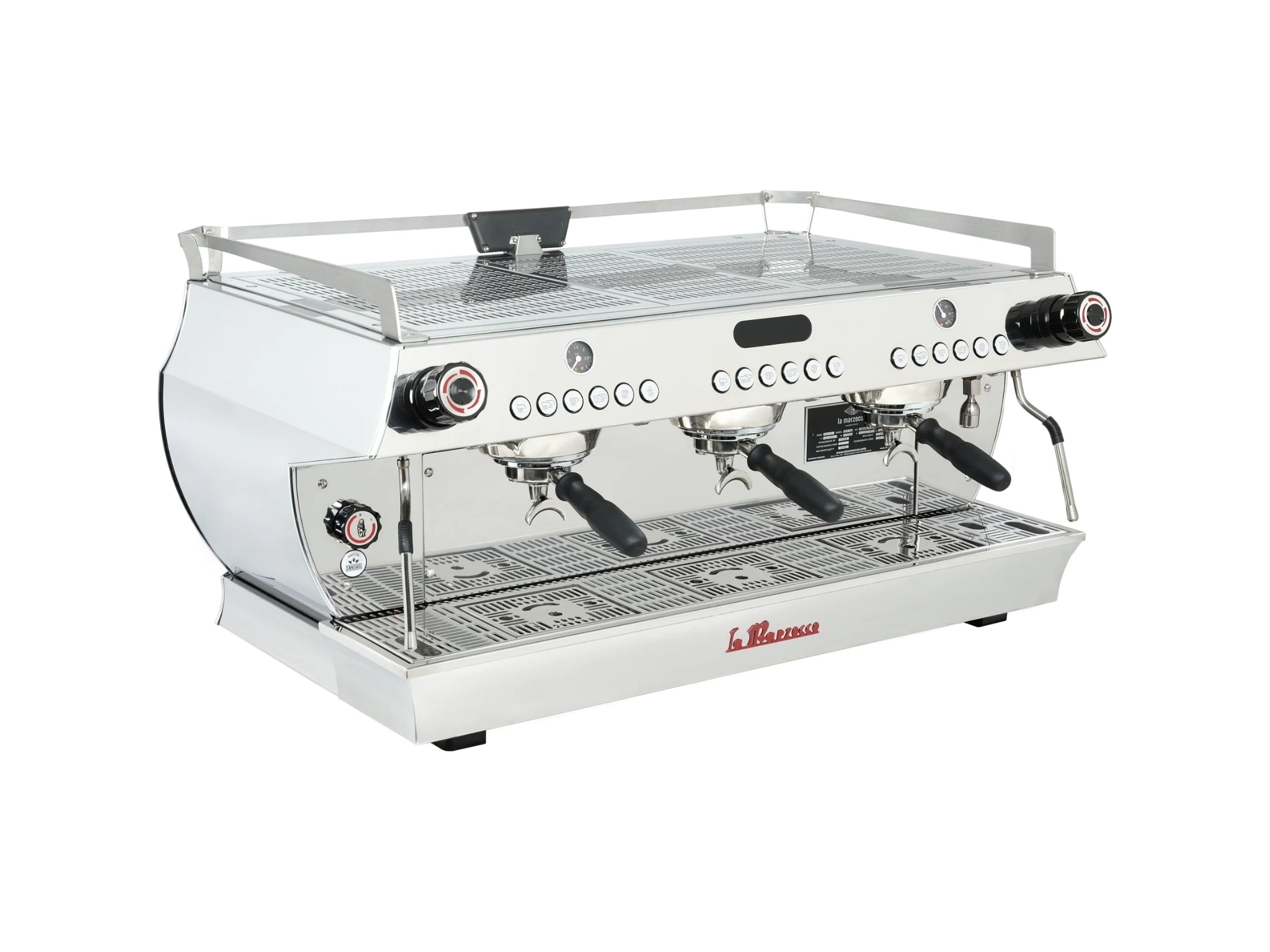 La Marzocco GB5 S ABR 3 Group Espresso Coffee Machine Stainless – New, angled view showing all three group heads, dual steam wands, digital display, and stainless cup tray on a clean white background.