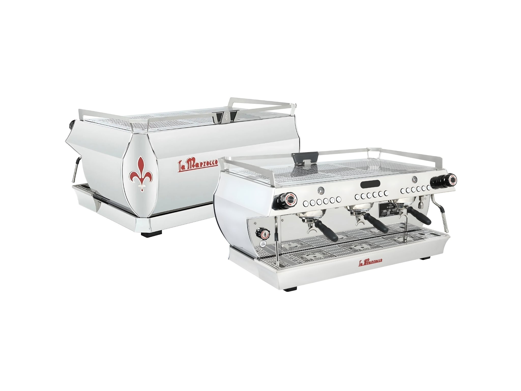 La Marzocco GB5 S ABR 3 Group Espresso Coffee Machine Stainless – New, showing both front and back angled views with the front-facing machine positioned slightly ahead, highlighting the group heads, steam wands, control display, and polished stainless steel panels on a clean white background.