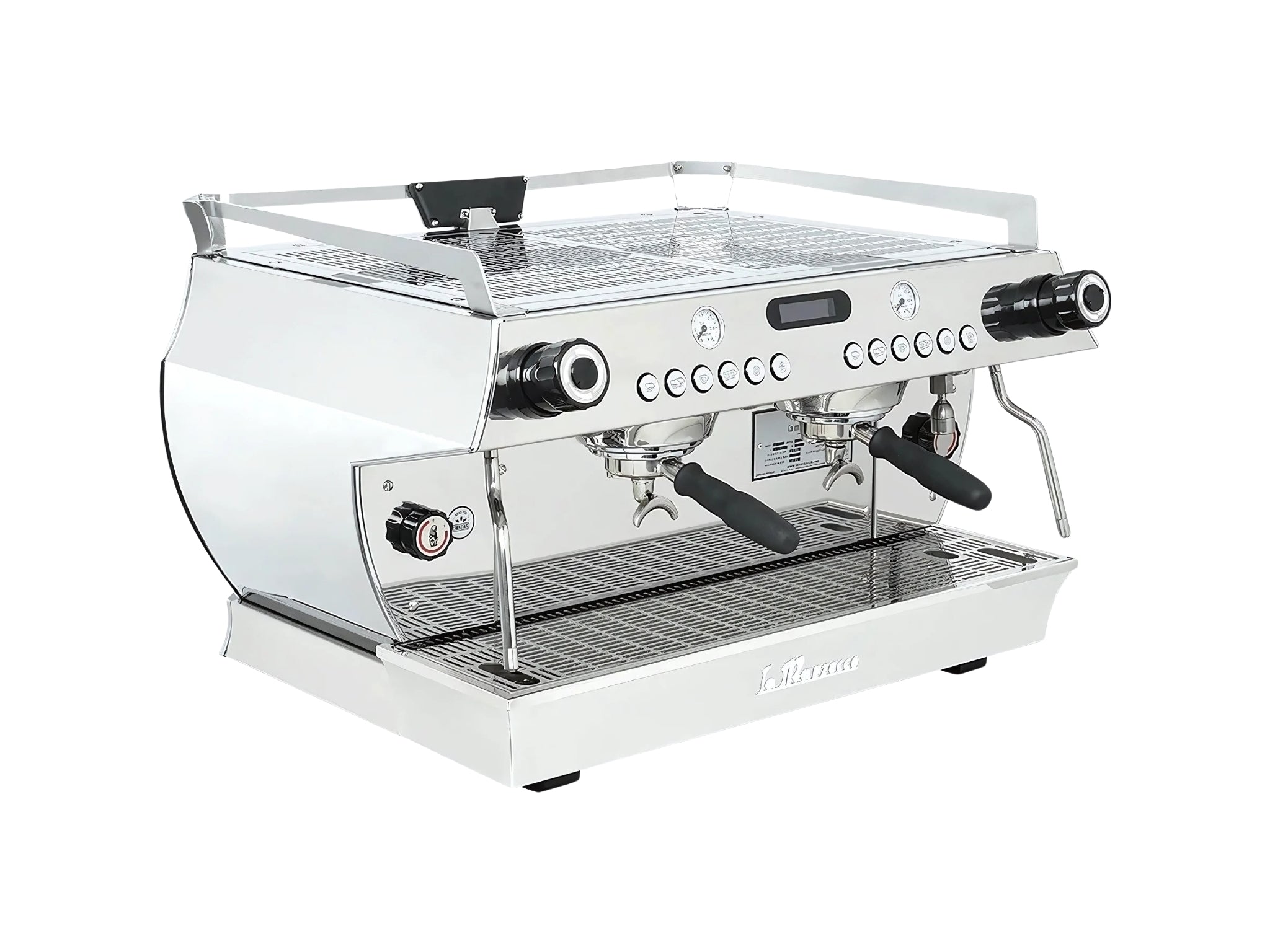 La Marzocco GB5 X 2 Group Espresso Coffee Machine Stainless – New, angled view showing both group heads, dual Pro Touch steam wands, digital display, and stainless steel cup tray on a clean white background.