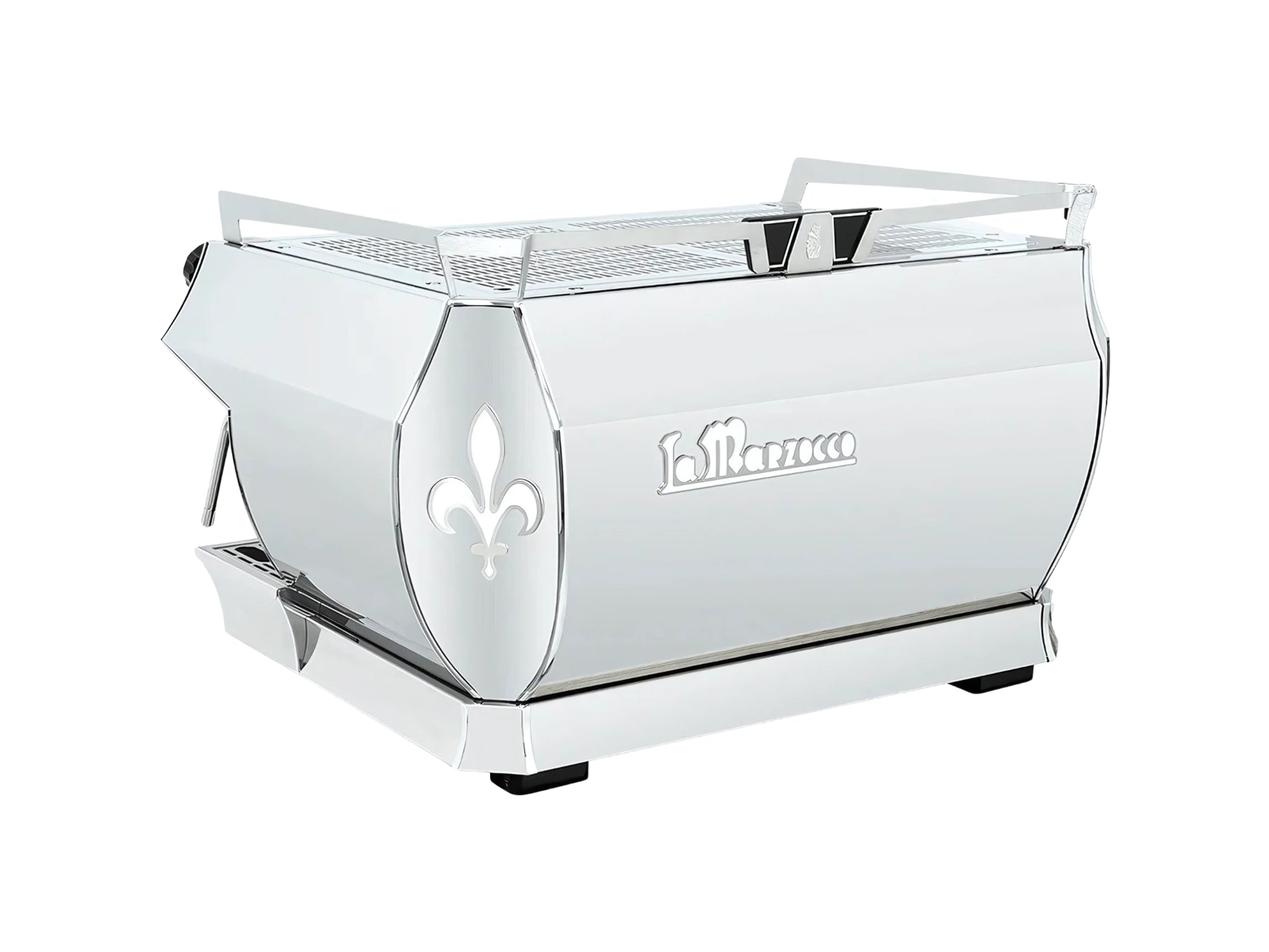 Angled rear view of the La Marzocco GB5 X 2 Group Espresso Coffee Machine Stainless – New, displaying the back panel, side profile, and cup tray edge on a clean white background.