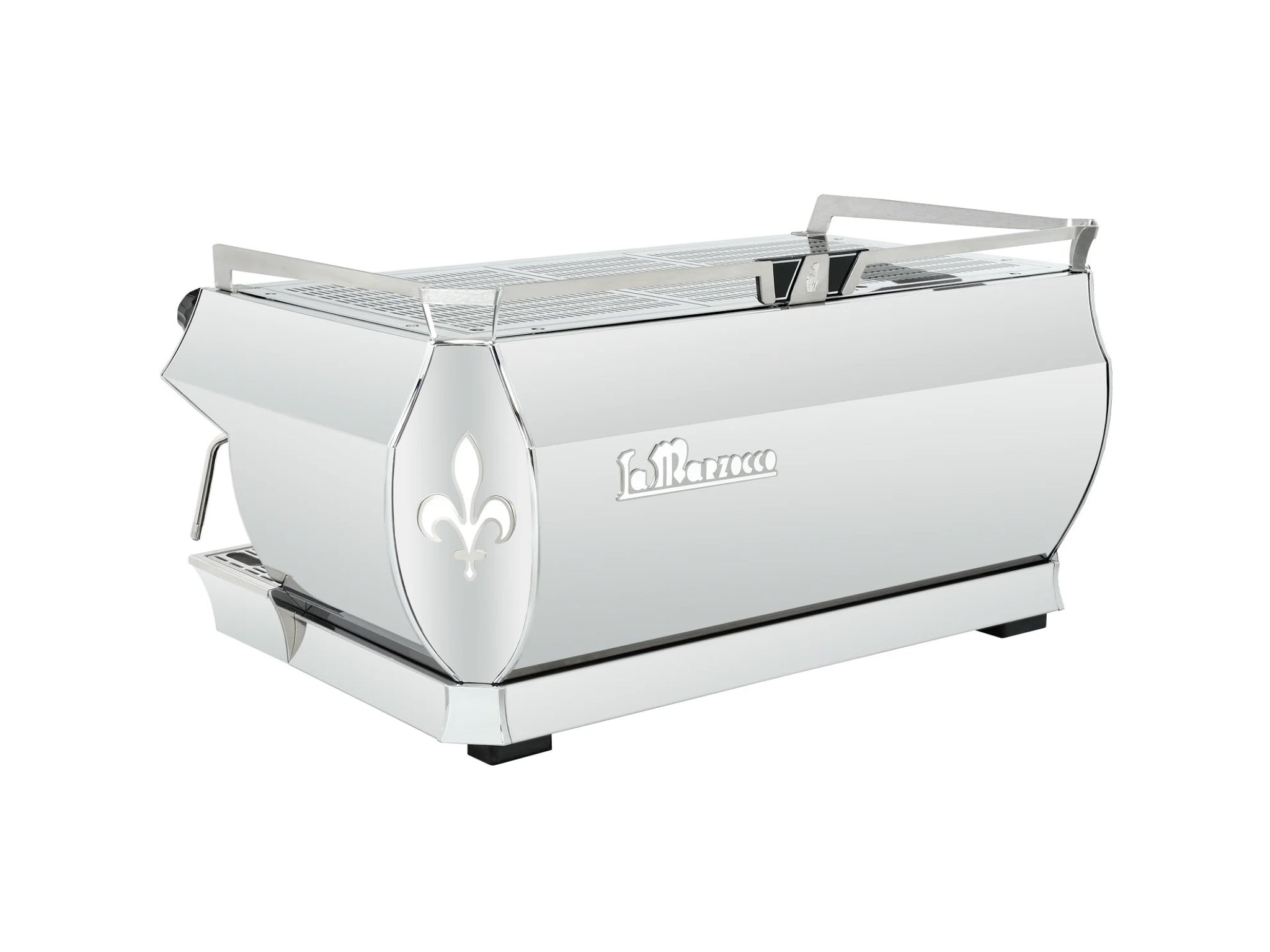 Angled rear view of the La Marzocco GB5 S ABR 3 Group Espresso Coffee Machine Stainless – New, displaying the back panel, side profile, and upper cup tray edge on a white background.