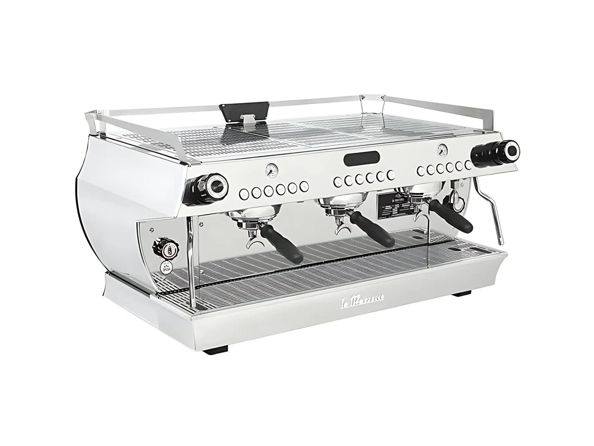 La Marzocco GB5 S ABR 3 Group Espresso Coffee Machine Stainless – New, angled view showing all three group heads, dual stainless steel steam wands, digital display, ABR drip tray scales, and stainless steel body on a clean white background.