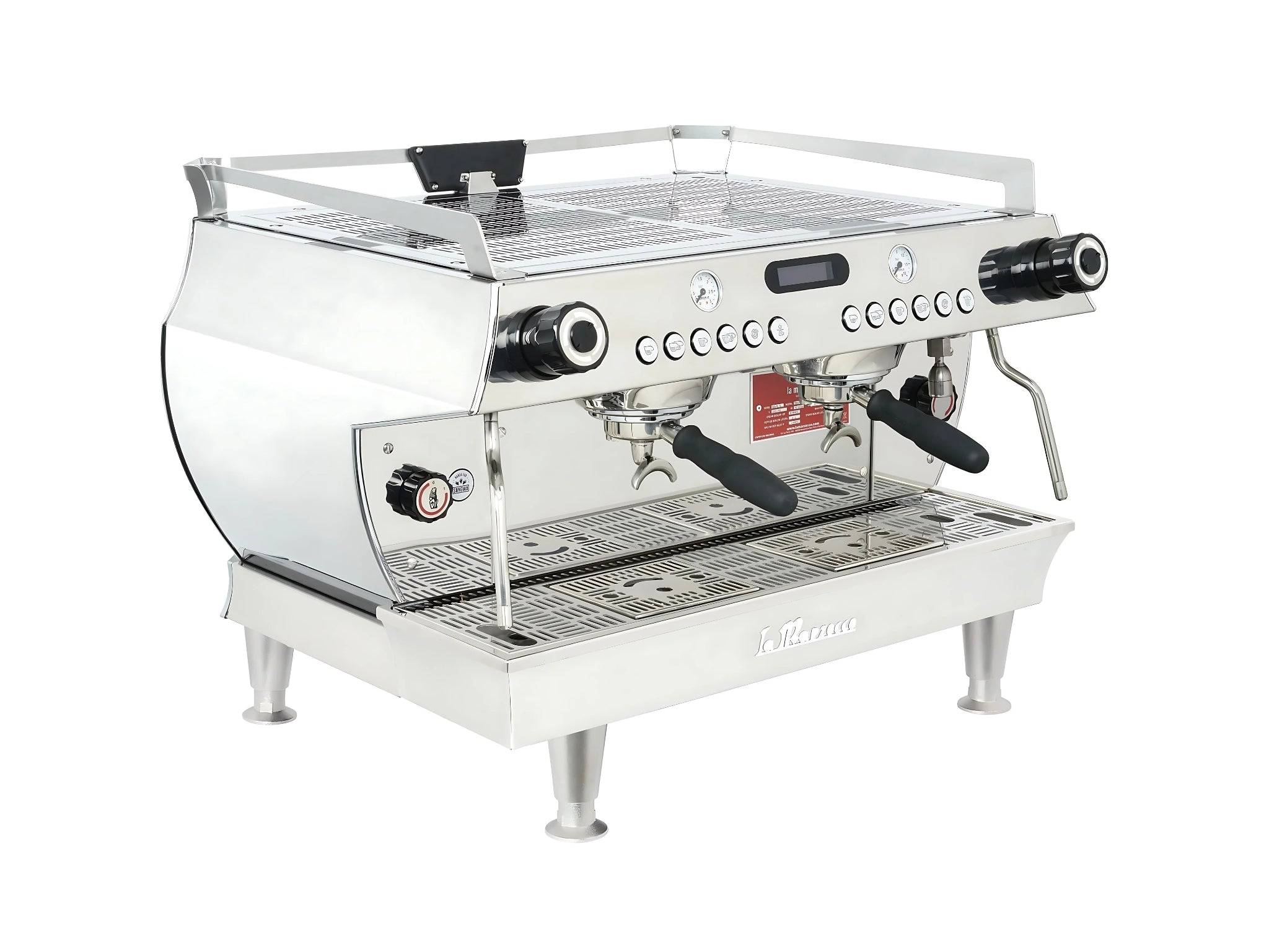 
A brand new La Marzocco GB5 X ABR 2 Group Espresso Coffee Machine with a White & Stainless finish and high feet on a white background. The machine is photographed on an angle and the front and side of the machine is visible.