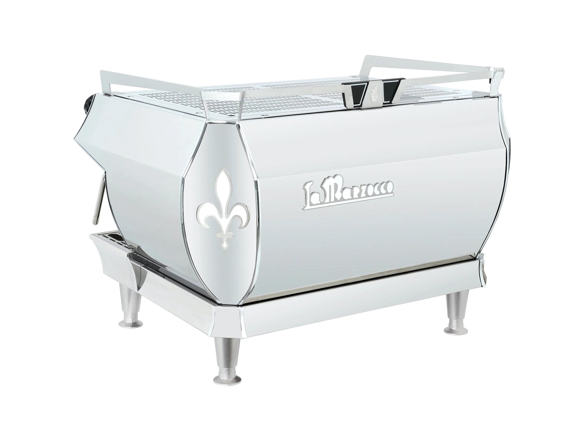 La Marzocco GB5 X ABR 2 Group Stainless Espresso Coffee Machine with high feet, angled rear-left view on a white background, showing stainless steel finish and machine design.