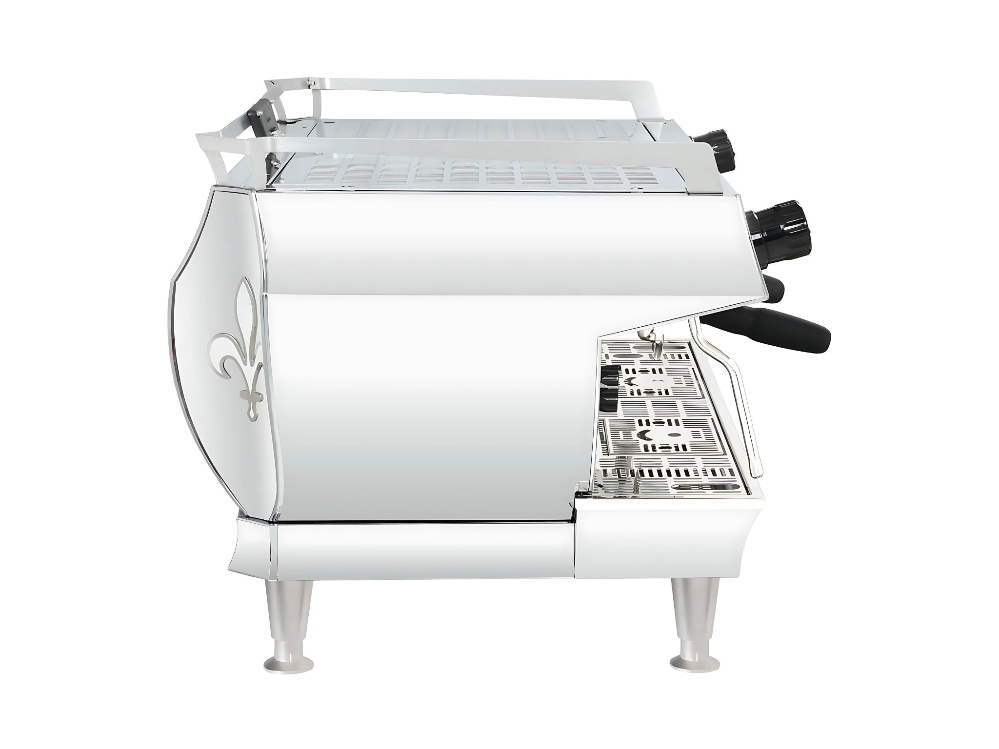 A brand new La Marzocco GB5 X ABR 2 Group Espresso Coffee Machine with a White & Stainless finish and high feet on a white background. The machine is photographed from the side.