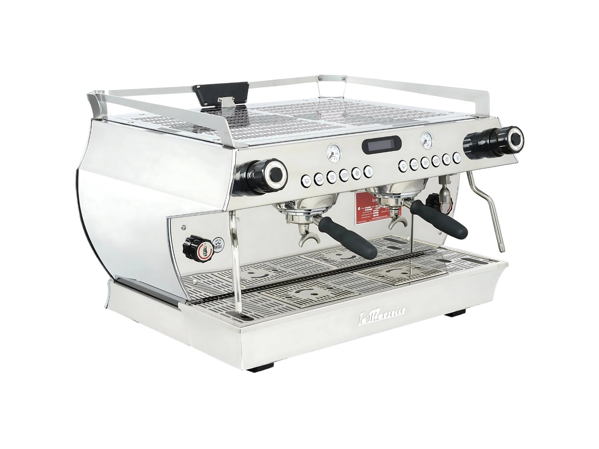 A brand new La Marzocco GB5 X ABR 2 Group Espresso Coffee Machine with a White & Stainless finish on a white background. The machine is photographed on an angle and the front and side of the machine is visible.
