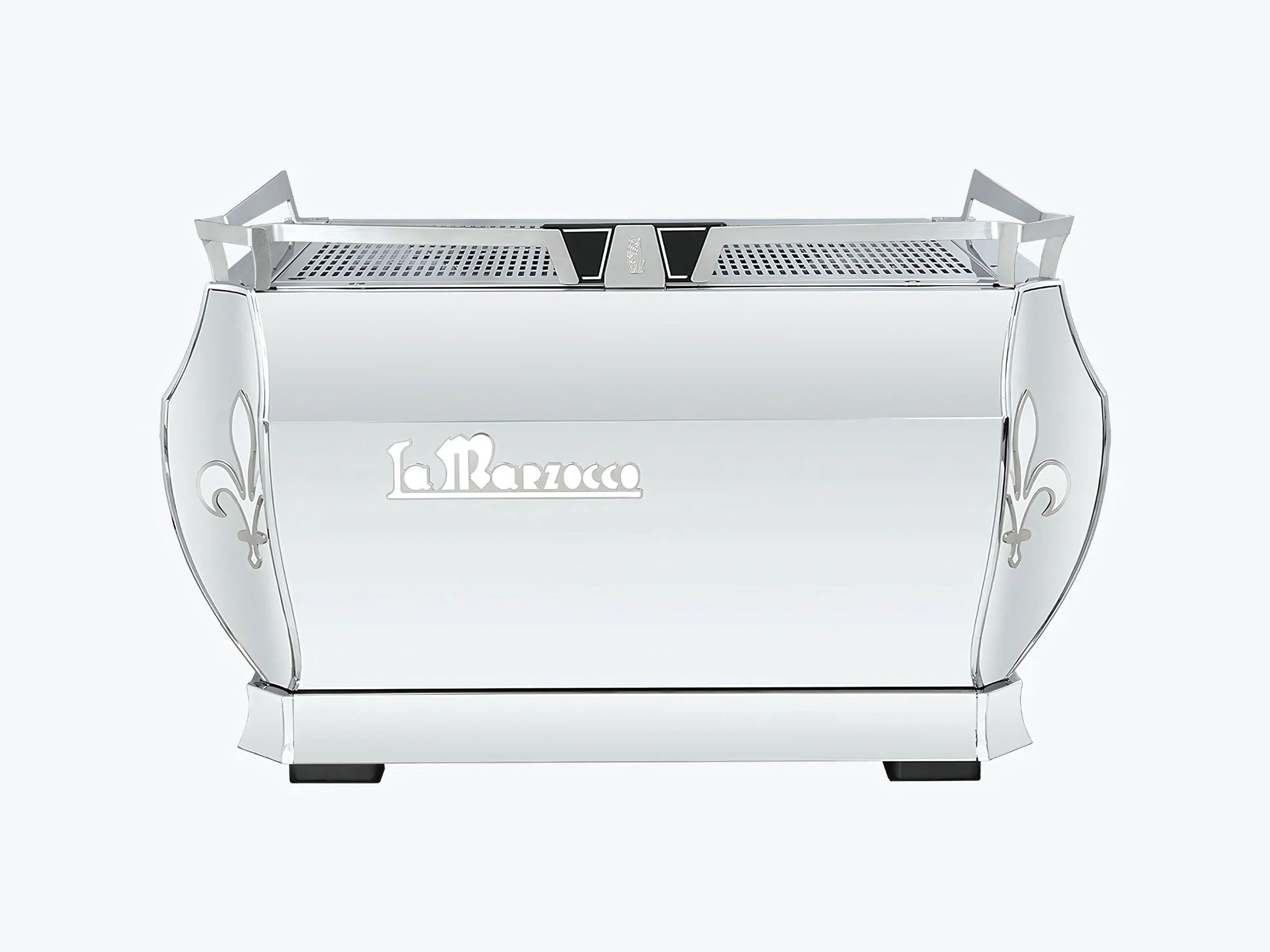 A brand new La Marzocco GB5 X ABR 2 Group Espresso Coffee Machine with a White & Stainless finish on a white background. The machine is photographed from behind, the back panel of the machine is visible with the logo.