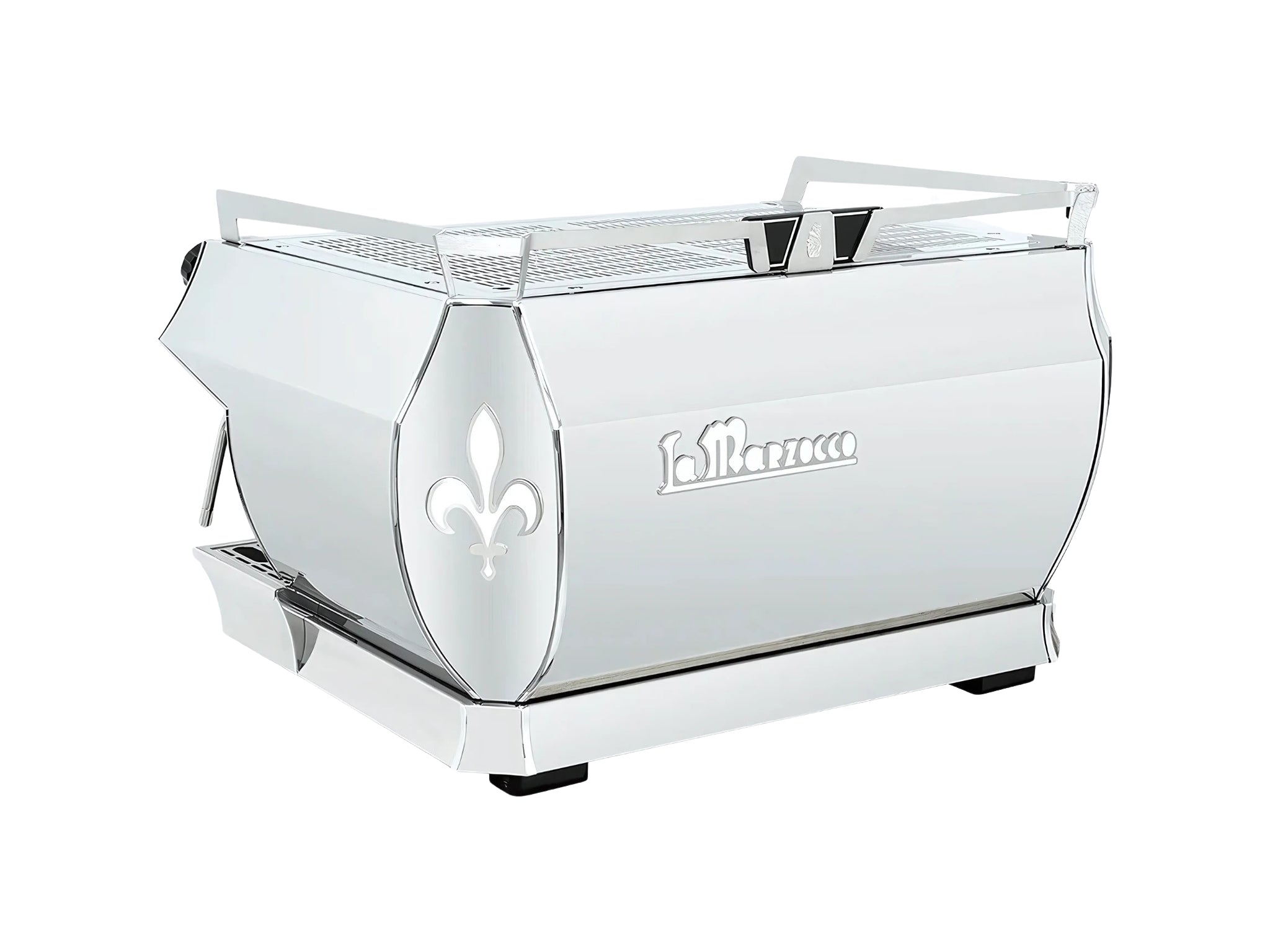 La Marzocco GB5 X ABR 2 Group Coffee Machine Stainless - New, angled back-left view showing stainless steel body and side profile of steam wands on a clean white background.