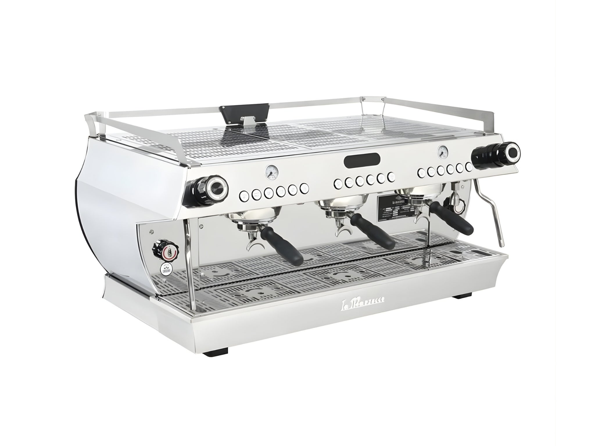 La Marzocco GB5 X ABR 3 Group Coffee Machine Stainless - New angled view on white background, showing stainless steel body, group heads, digital display, and high cup design for espresso.