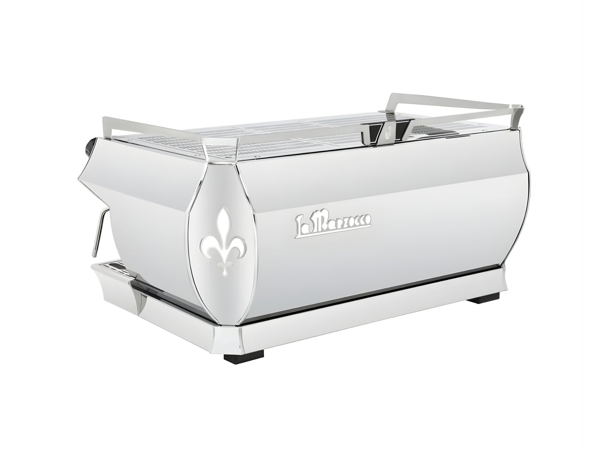 Angled rear view of La Marzocco GB5 X ABR 3 Group Coffee Machine Stainless - New on white background, highlighting durable stainless steel body and professional espresso café design.