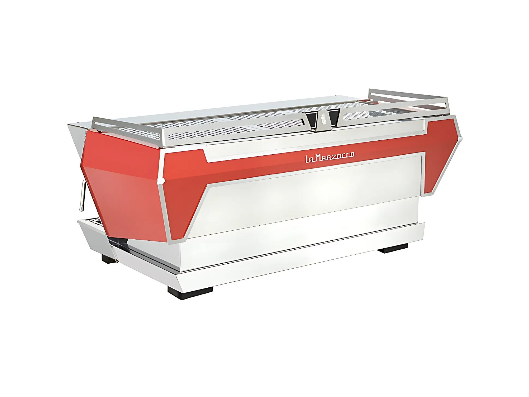 La Marzocco KB90 3 Group Red & Stainless Coffee Machine angled rear view showing the side and back panels on a white background.