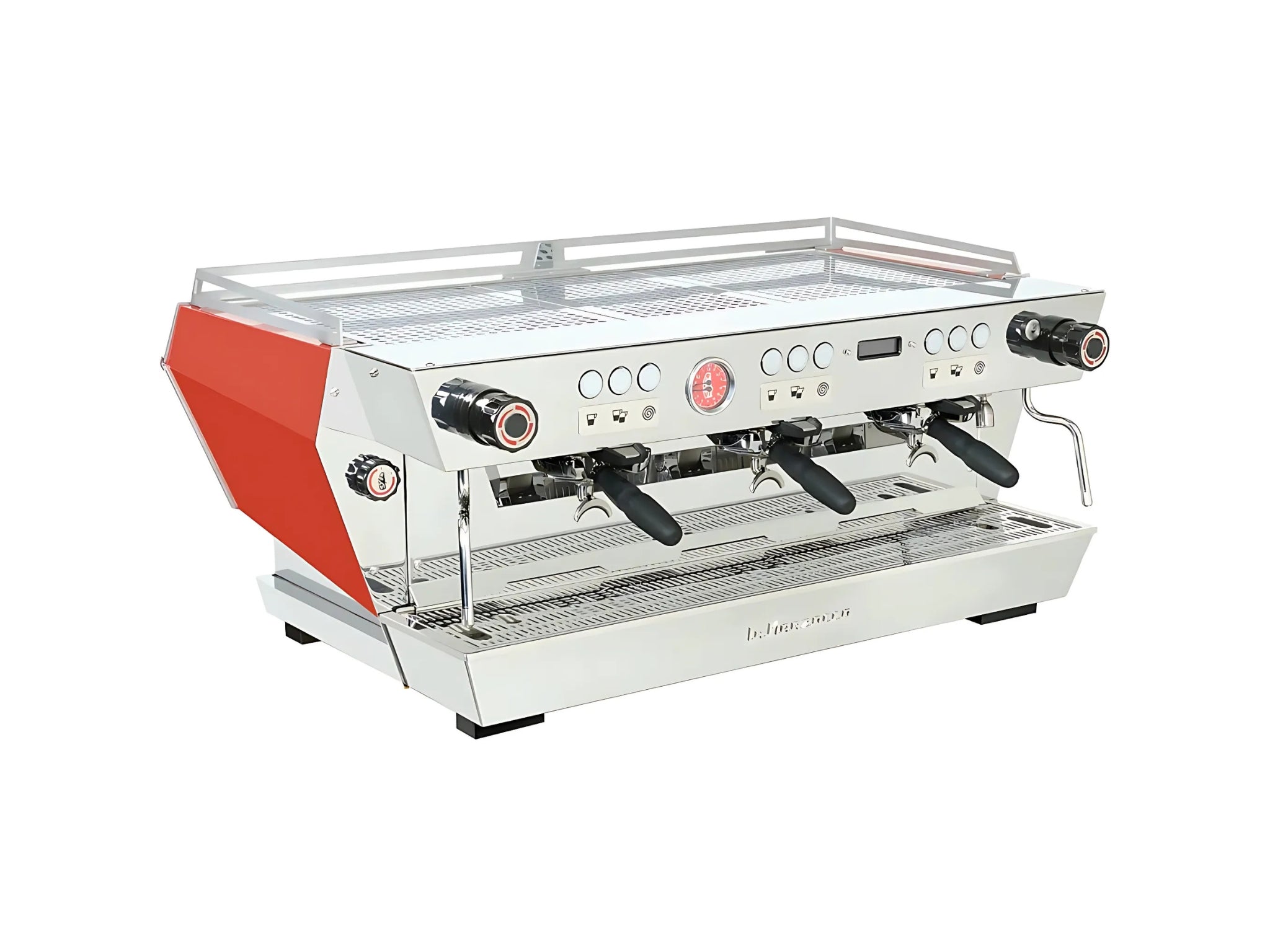 La Marzocco KB90 3 Group Red & Stainless espresso coffee machine angled view showing front and side with three group heads, dual steam wands, and drip tray on a white background.