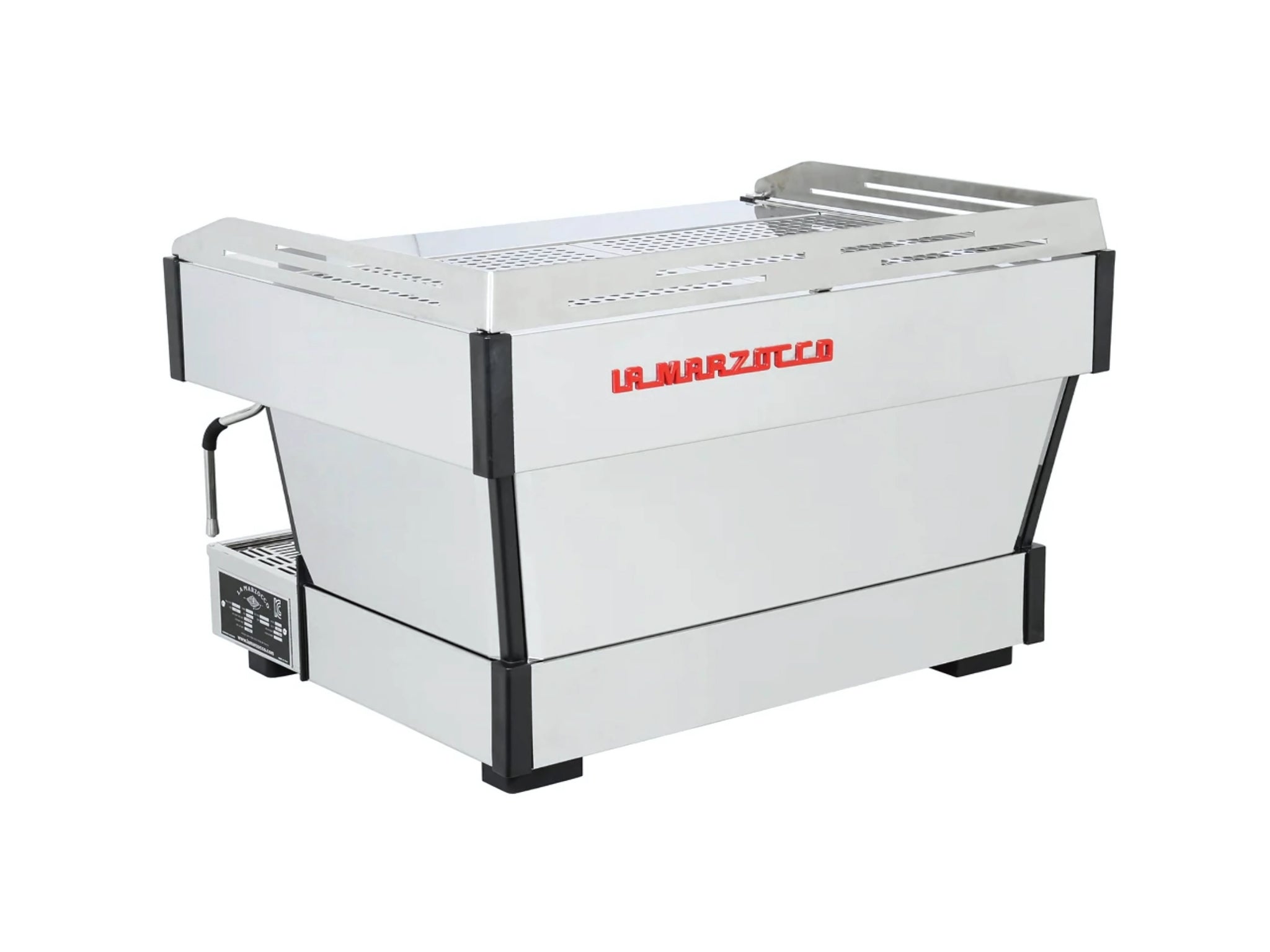 A new La Marzocco Linea PB 2 Group Espresso Coffee Machine in Stainless Steel on a white background. The machine is photographed from behind the machine and the back and side of the machine is visible.