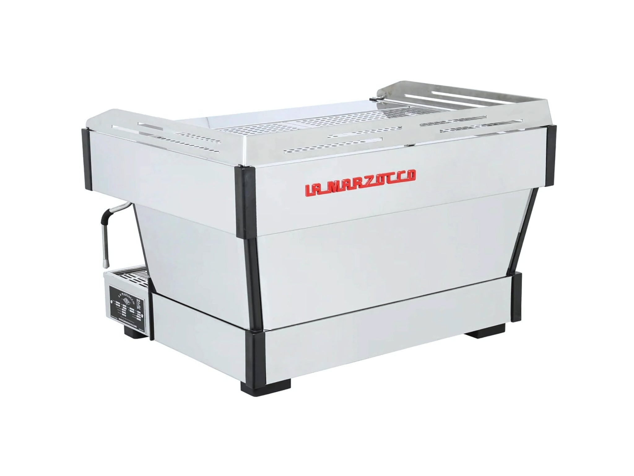 A new La Marzocco Linea PB 2 Group Espresso Coffee Machine in Stainless Steel on a white background. The machine is photographed from behind the machine and the back and side of the machine is visible.
